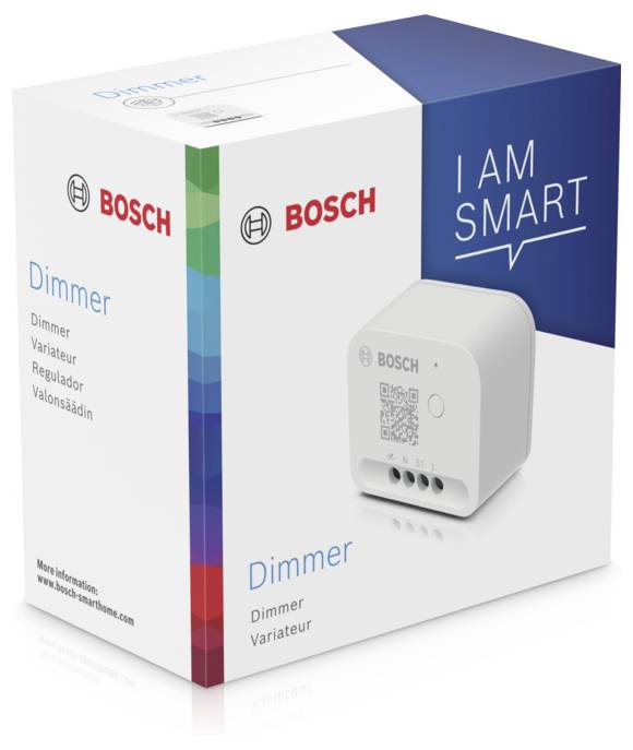 Bosch Dimmer Packaging with 'I AM SMART' text. Includes QR code and technical details for intelligent light control.