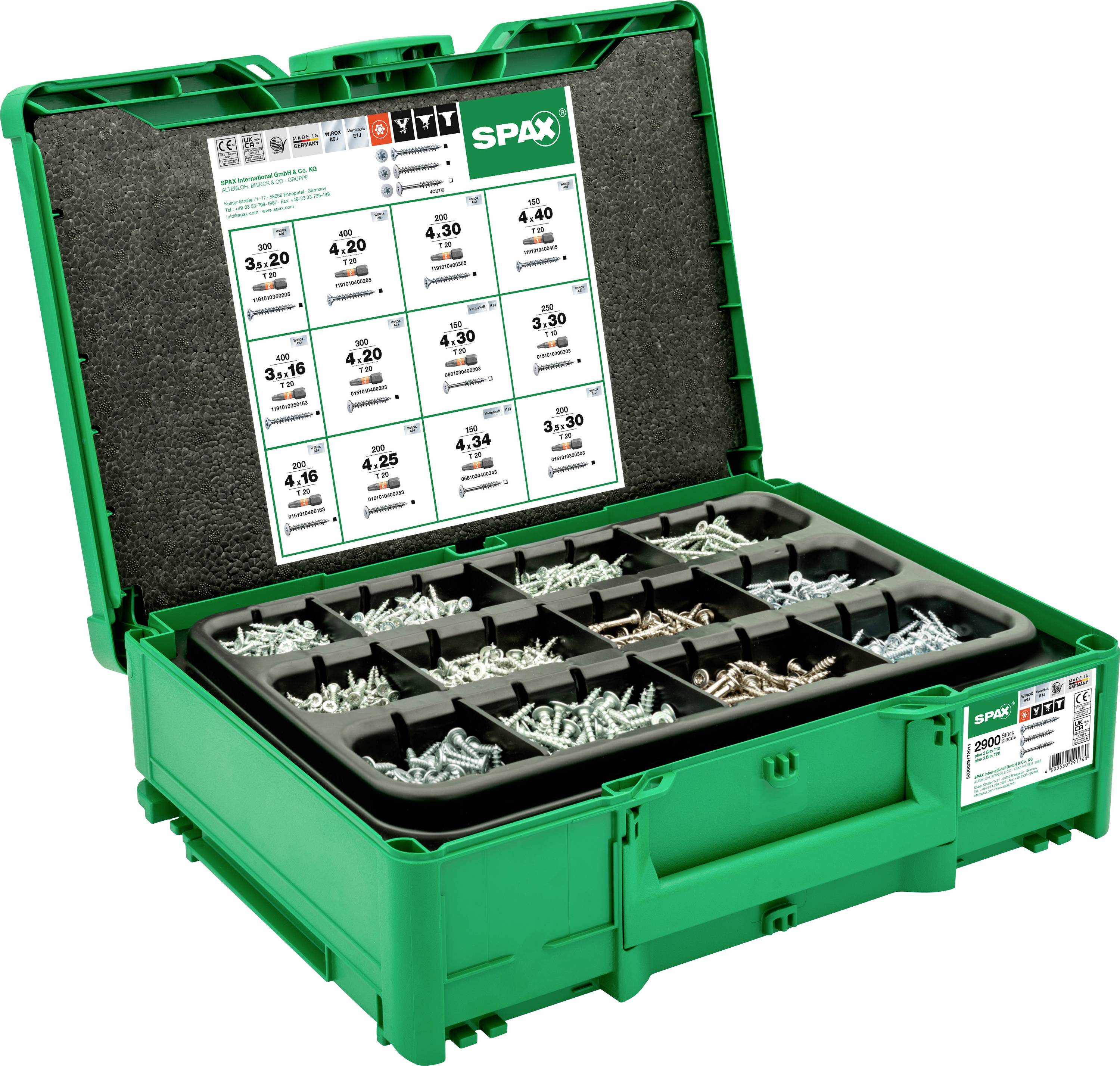 Green toolcase with various screws in compartments. Label on top indicating screw sizes and usage details.