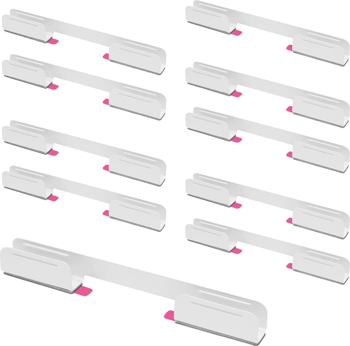 Twelve white metal coat hangers with pink details, arranged side by side in three rows.