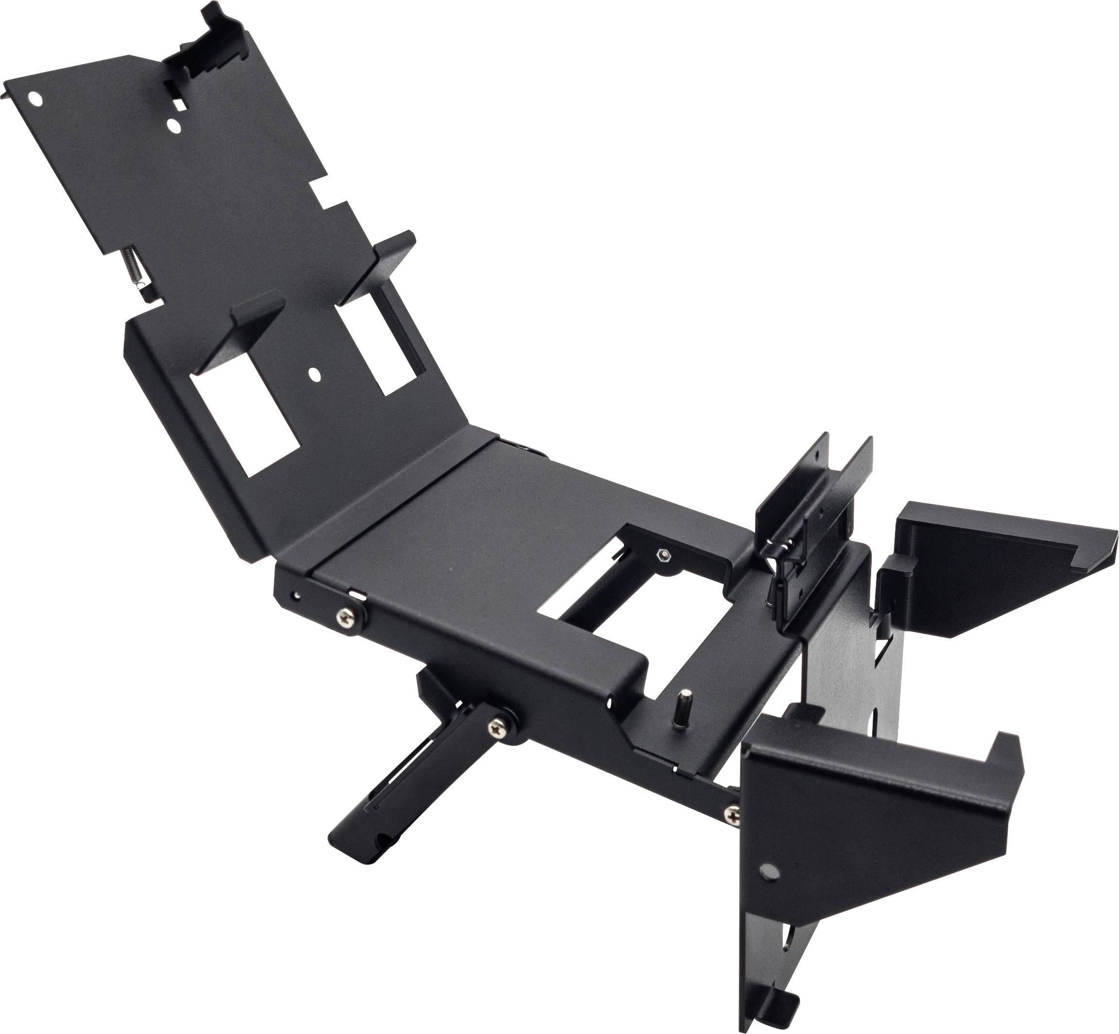 Small black metal stand with adjustable parts, possibly for electronic devices, on white background.
