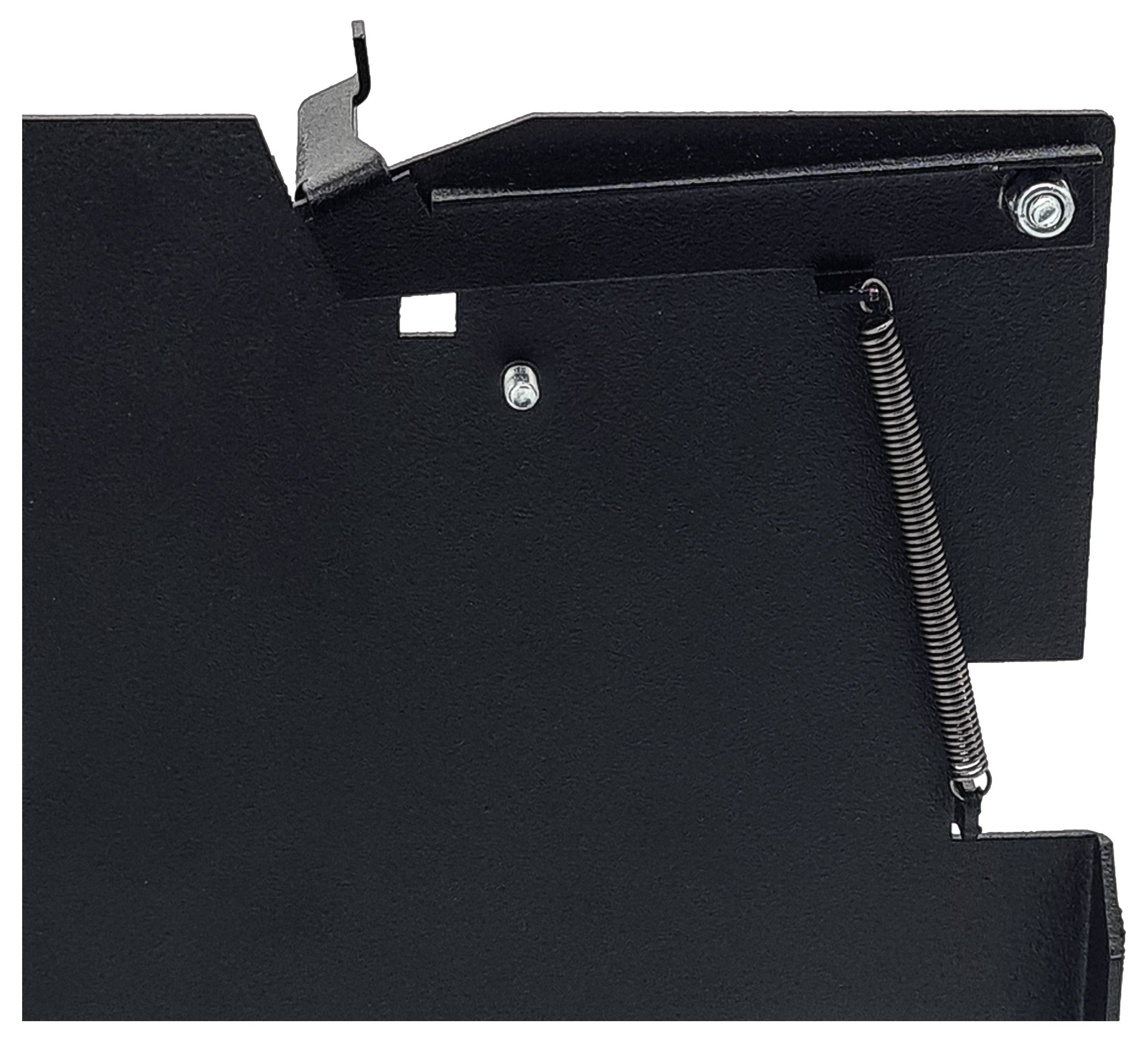 A black metal component with a spring mechanism and screws on the side; technical detailed close-up.