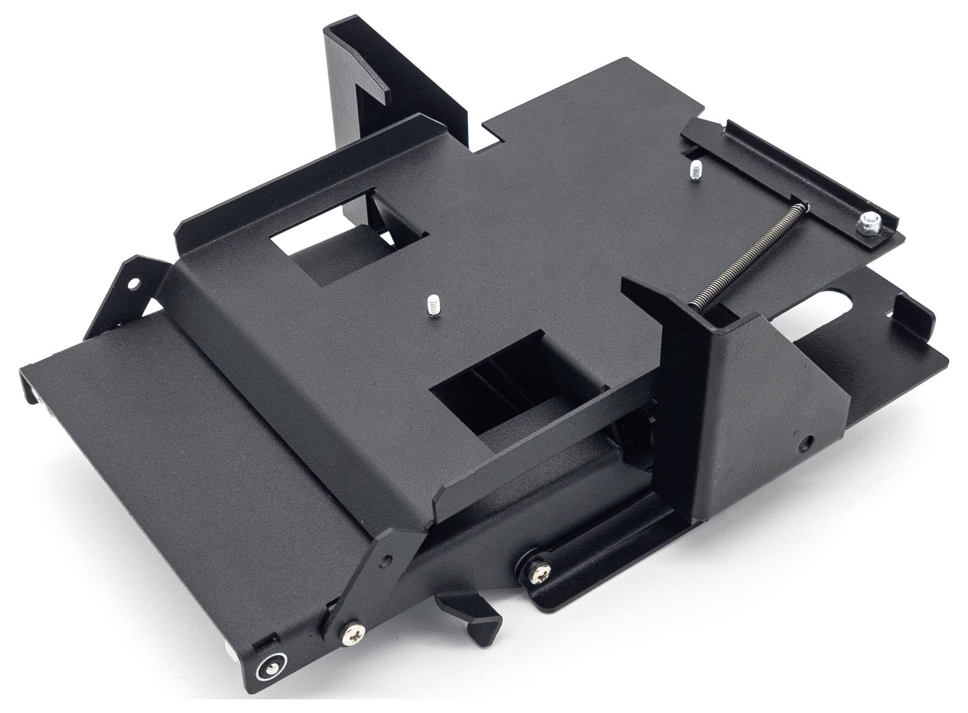 A black metal frame, likely a mounting module for a vehicle or device, with screws and brackets for securing.