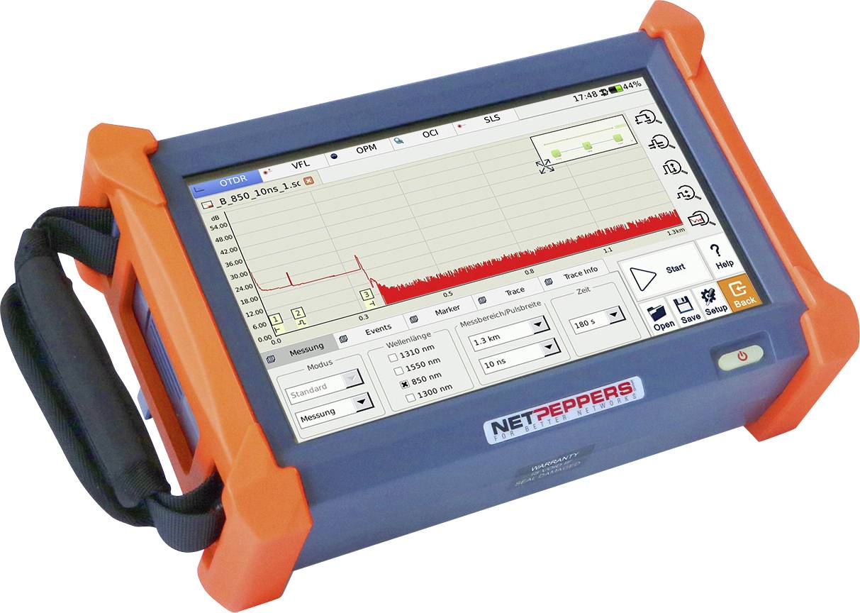 A portable measuring device with a screen displays a graphical diagram. The screen contains various measurement values and options.