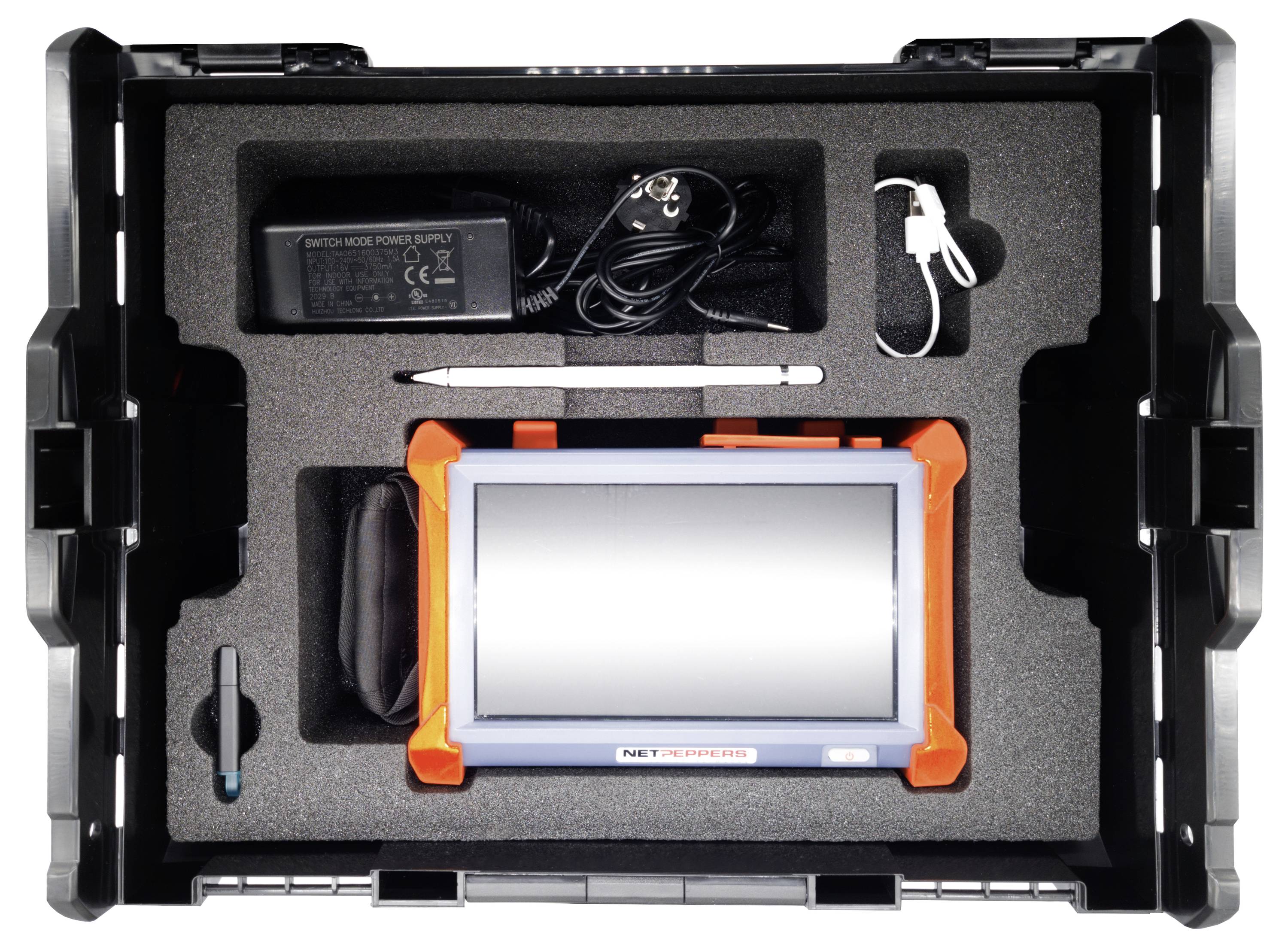 Portable monitor with an orange frame, stylus, charger, and cable in a black case with foam compartments.
