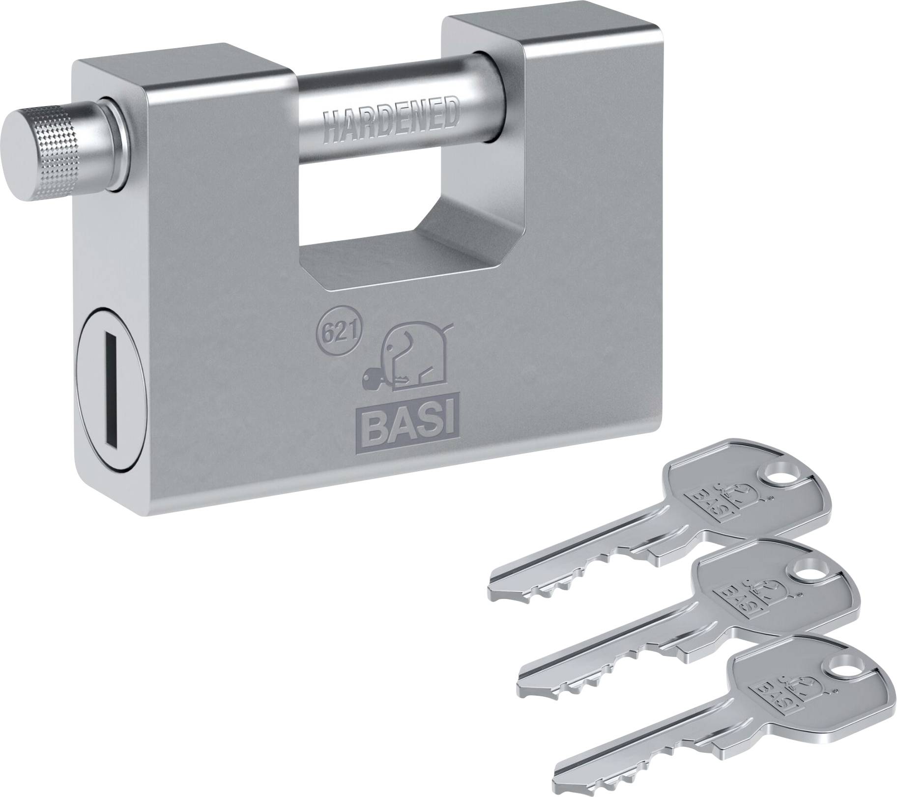Padlock made of hardened steel with three matching keys. Lock displays the BASI brand mark and the number 621.