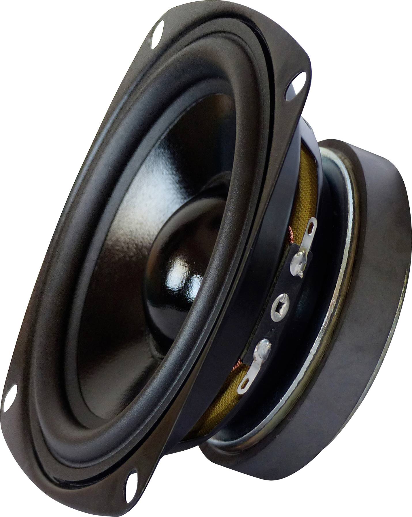A black speaker with a glossy membrane and metal frame, suitable for audio devices or speaker systems.