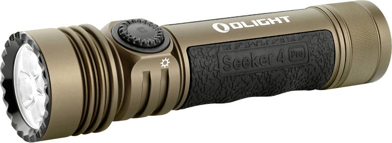 Torch in bronze and black, lying down, with the inscription 'Seeker 4 Pro'. It features a ribbed grip and an illuminated lens.