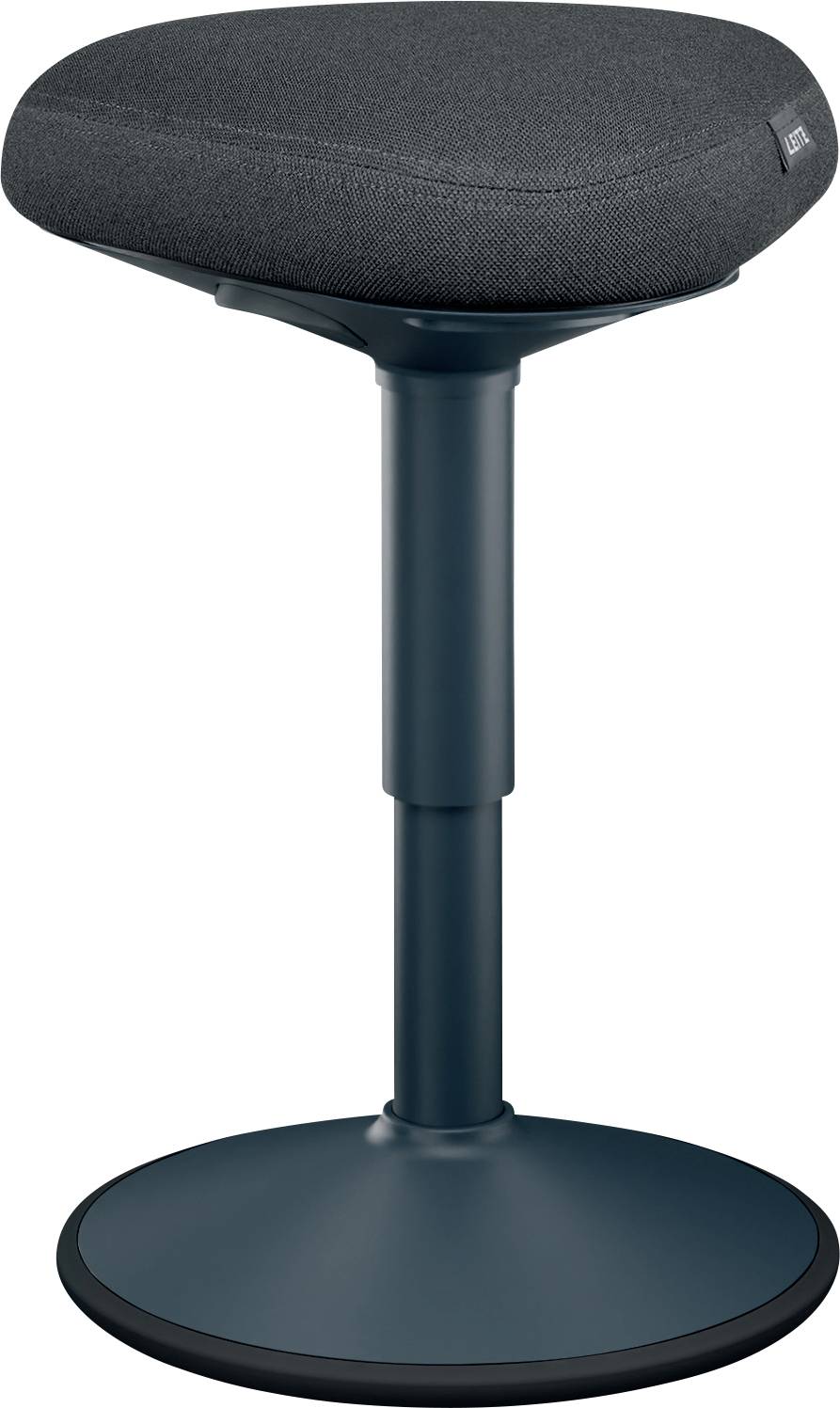 A modern, height-adjustable stool with a padded, grey seat and black metal frame stands on a round base.