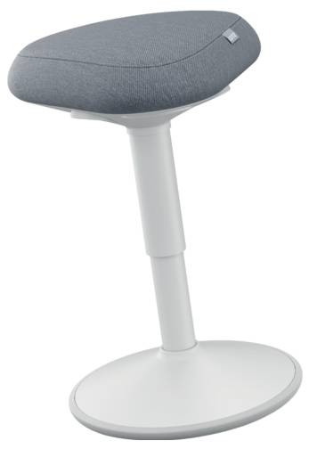 A modern, height-adjustable stool with a grey padded seat and white base. Ideal for flexible sitting and movement.