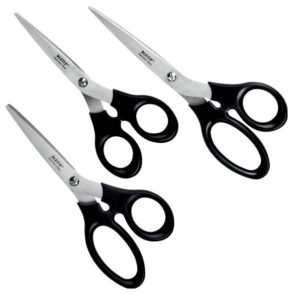 Three black scissors with silver blades in different sizes, arranged vertically from top to bottom.