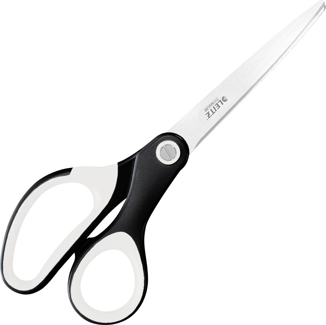 A black and white pair of scissors with ergonomic handles, angled slightly to the right.