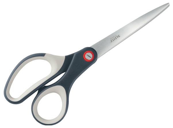 Scissors with a black handle and silver blades, slightly tilted to the right. Ideal for cutting paper and thin materials.