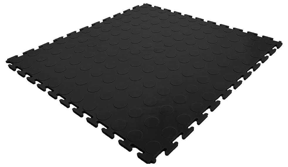 A black floor mat in a square shape with circular raised sections featuring interlocking edges.