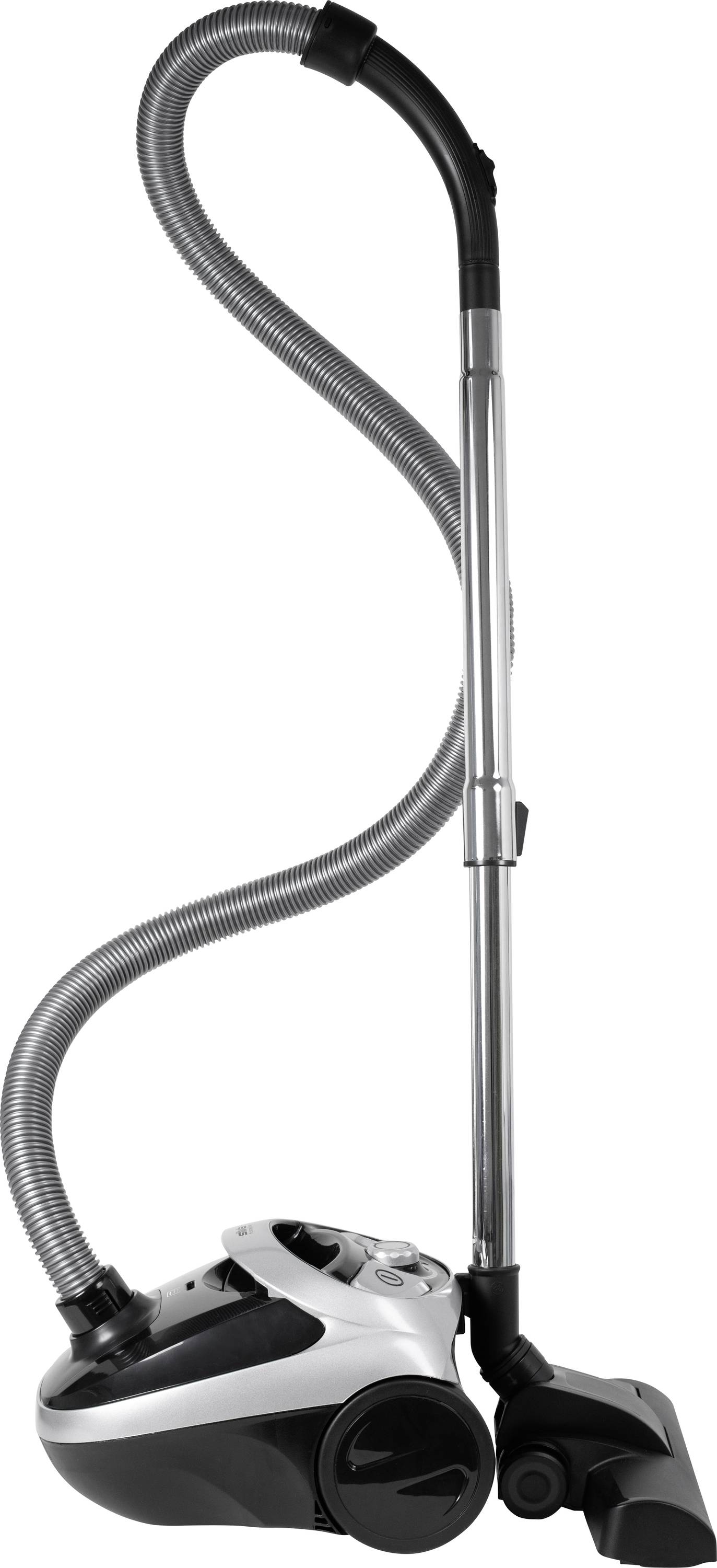 A silver floor vacuum cleaner with a long, curved suction hose and black nozzle. Wheeled, mobile device.
