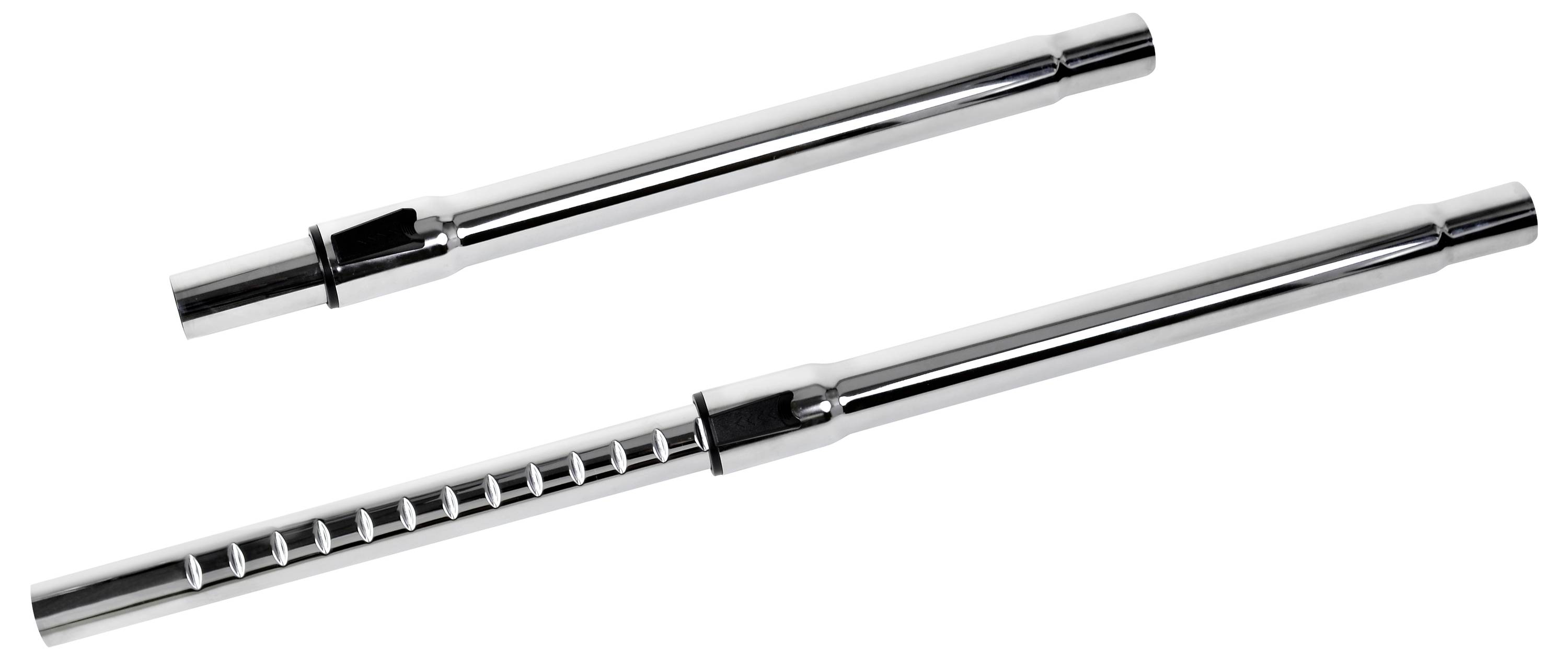 Two chrome-plated pipes side by side on a white background; one with etched lines, the other smooth.