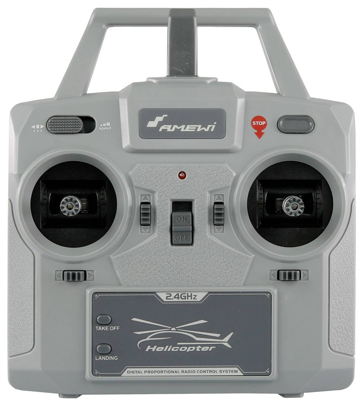 A remote control for helicopters with two control sticks, on/off switch, stop button, and helicopter illustration.