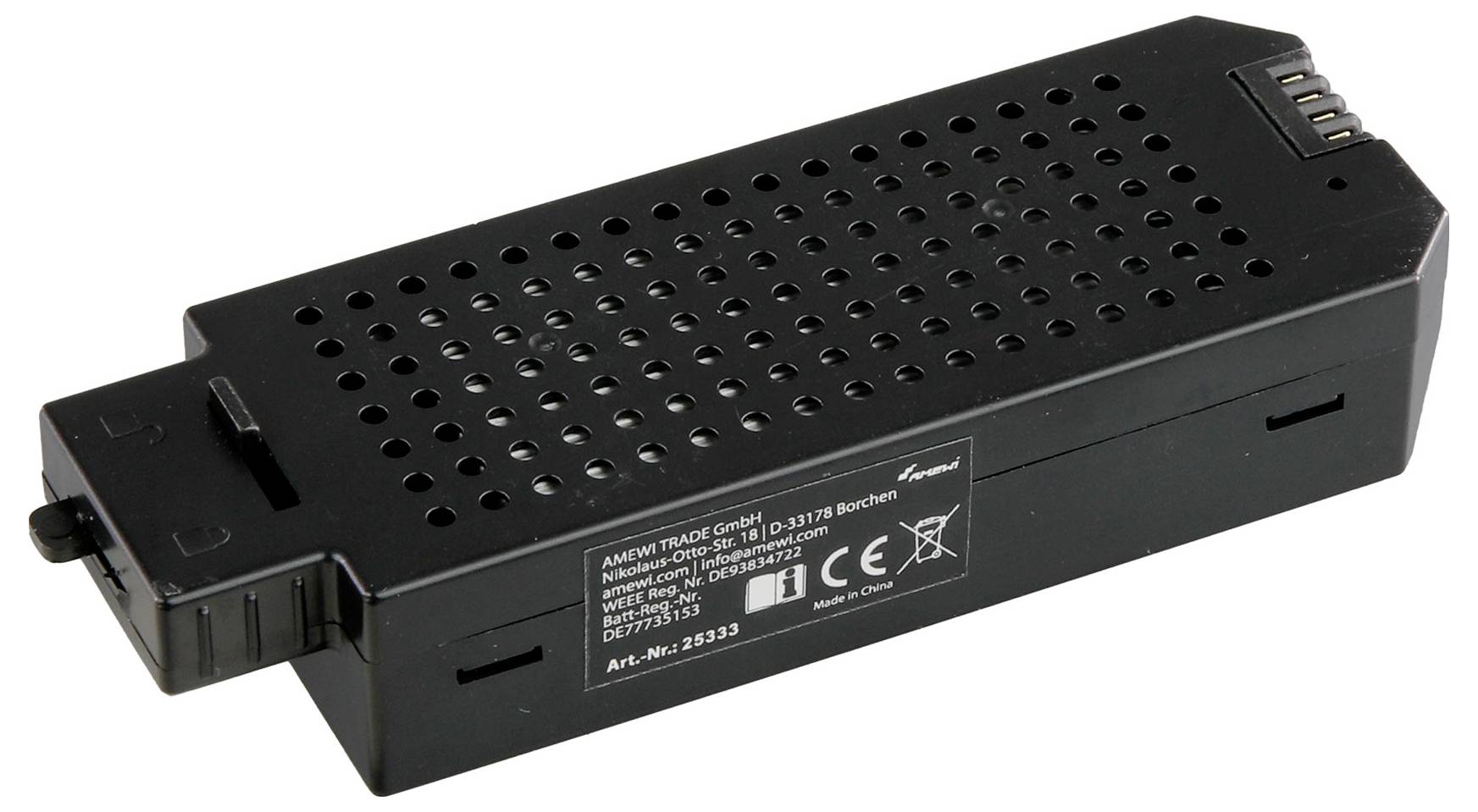 A black, rectangular electronic device with ventilation slots and a socket on the side, presumably an adapter or charger.