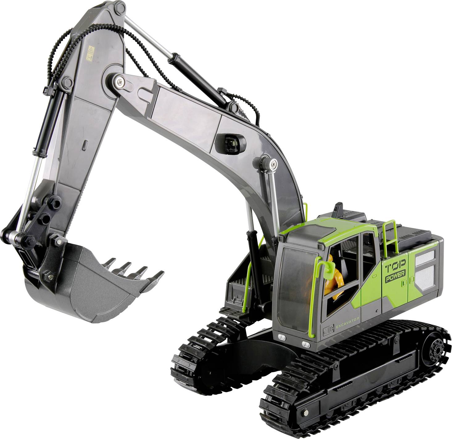 A green toy digger with a movable arm and bucket, mounted on rubber tracks, depicted against a neutral background.