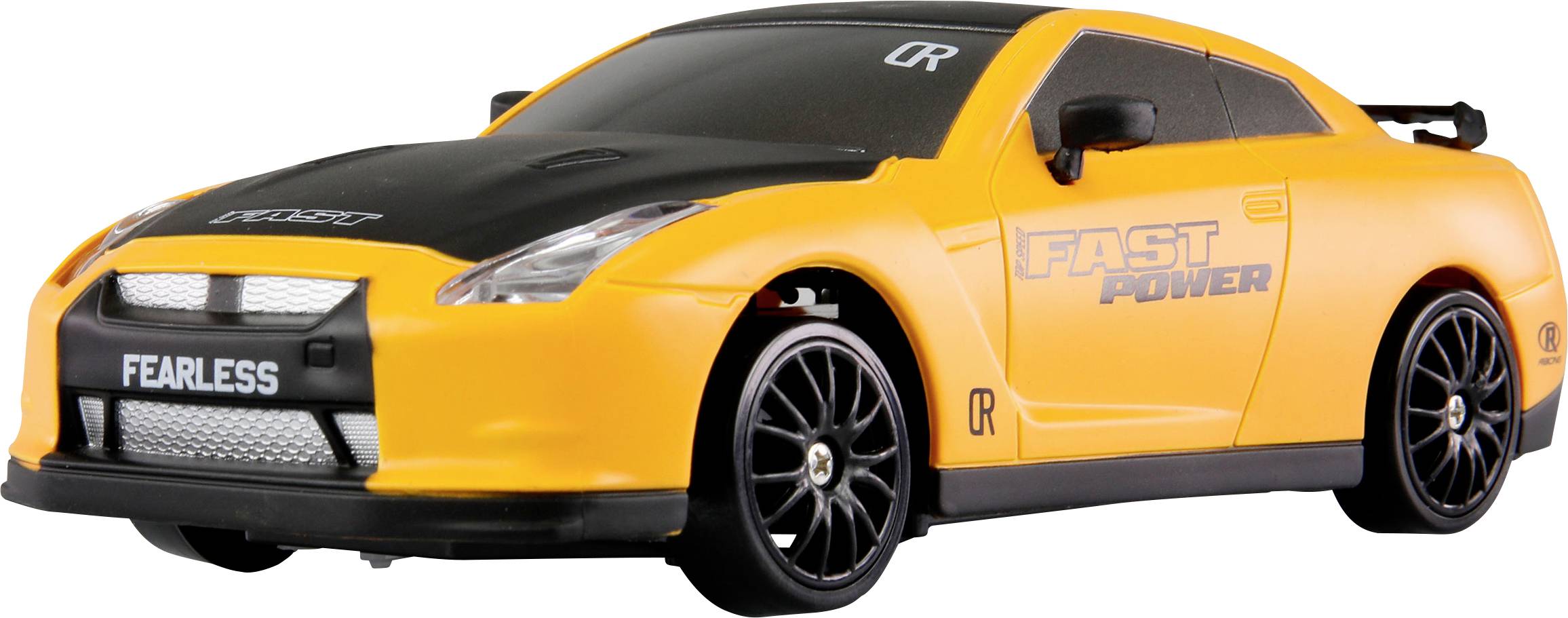 A yellow toy car with the inscription 'FAST POWER' and 'FEARLESS' on the front. It has black accents and a sporty design.
