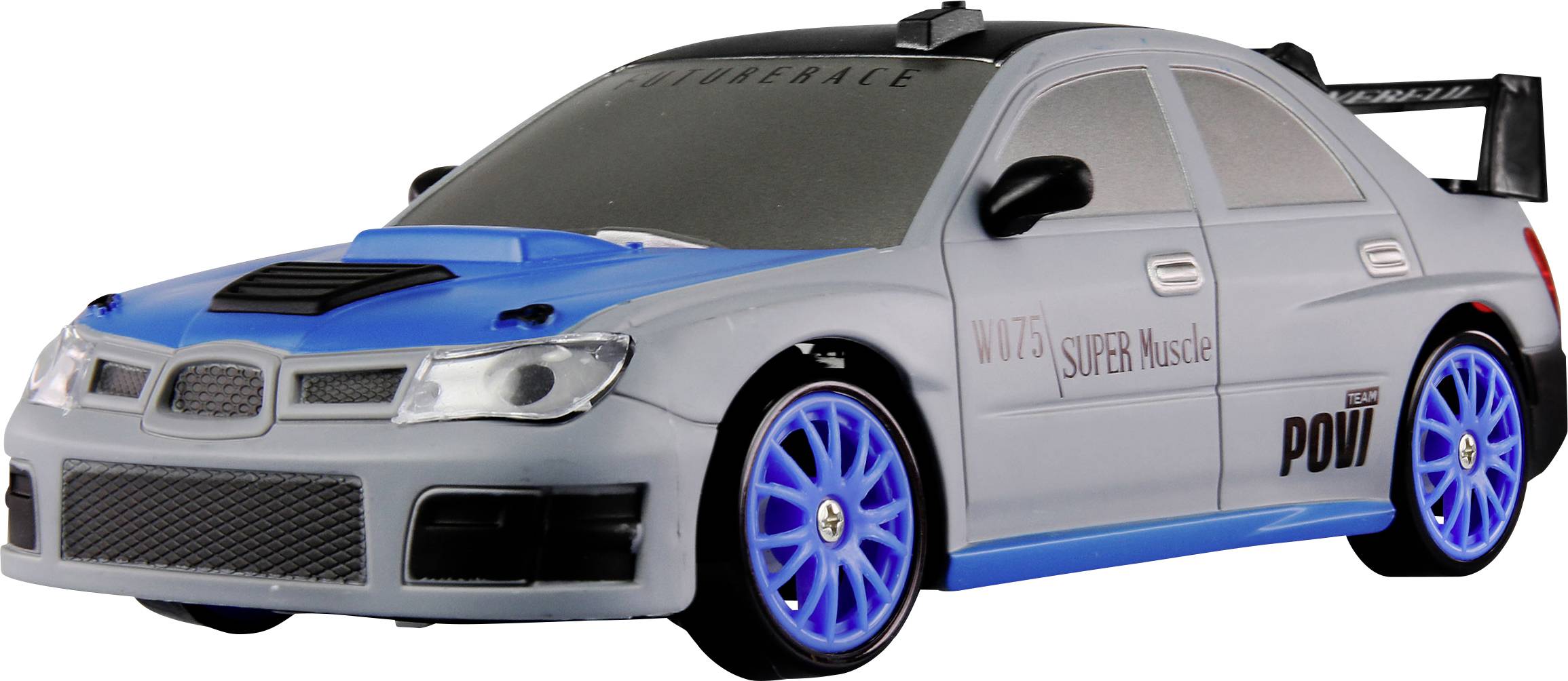 Grey toy racing car with blue tyres and a rear spoiler. 'SUPER Muscle' written on the side.