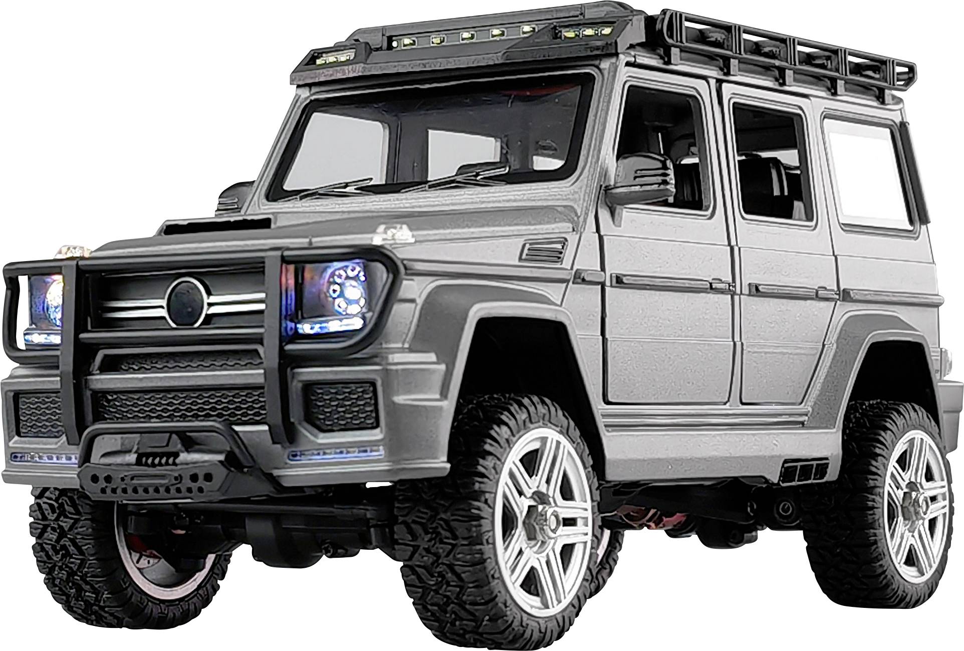 A grey toy off-road vehicle with a robust design, blue headlamps and detailed wheels is the focal point of the image.