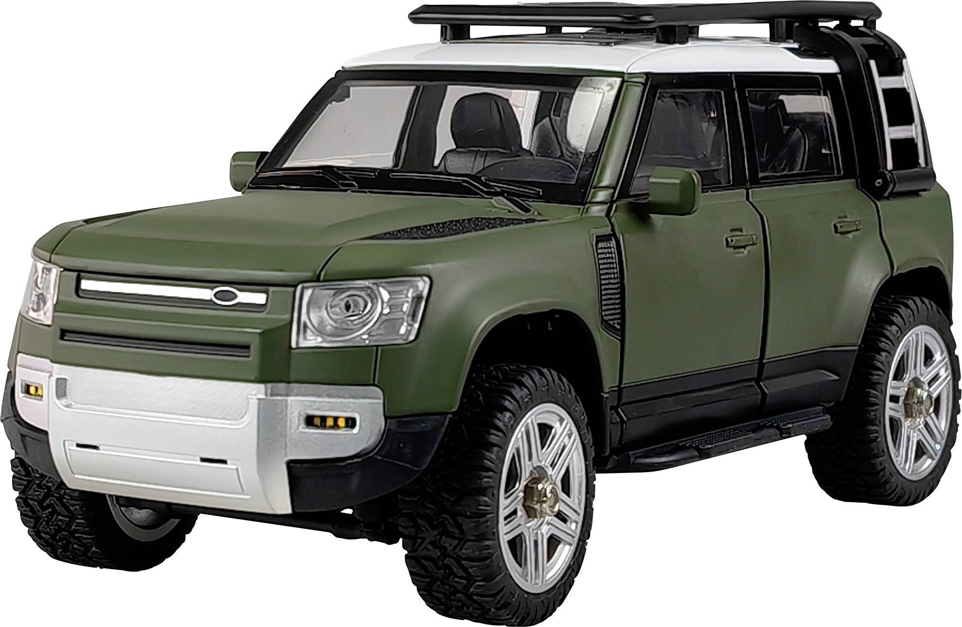 Olive green off-road vehicle with large tyres and roof rack, positioned diagonally for a dynamic view.
