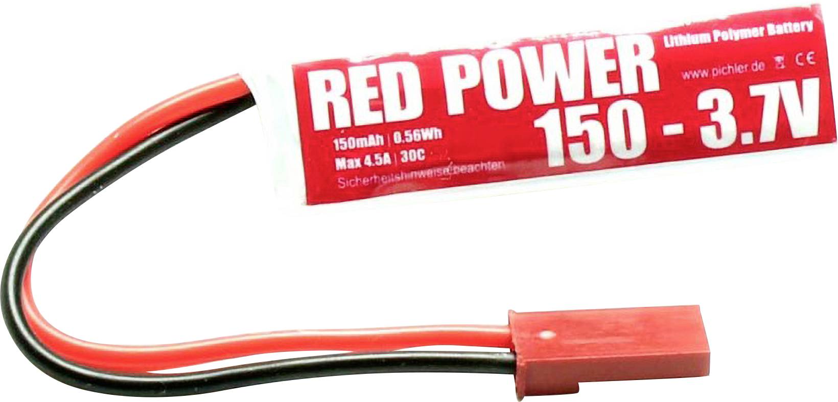 Charger with red label, inscription 'RED POWER 150 - 3.7V', lithium-polymer battery, red and black cables with connector attachment.