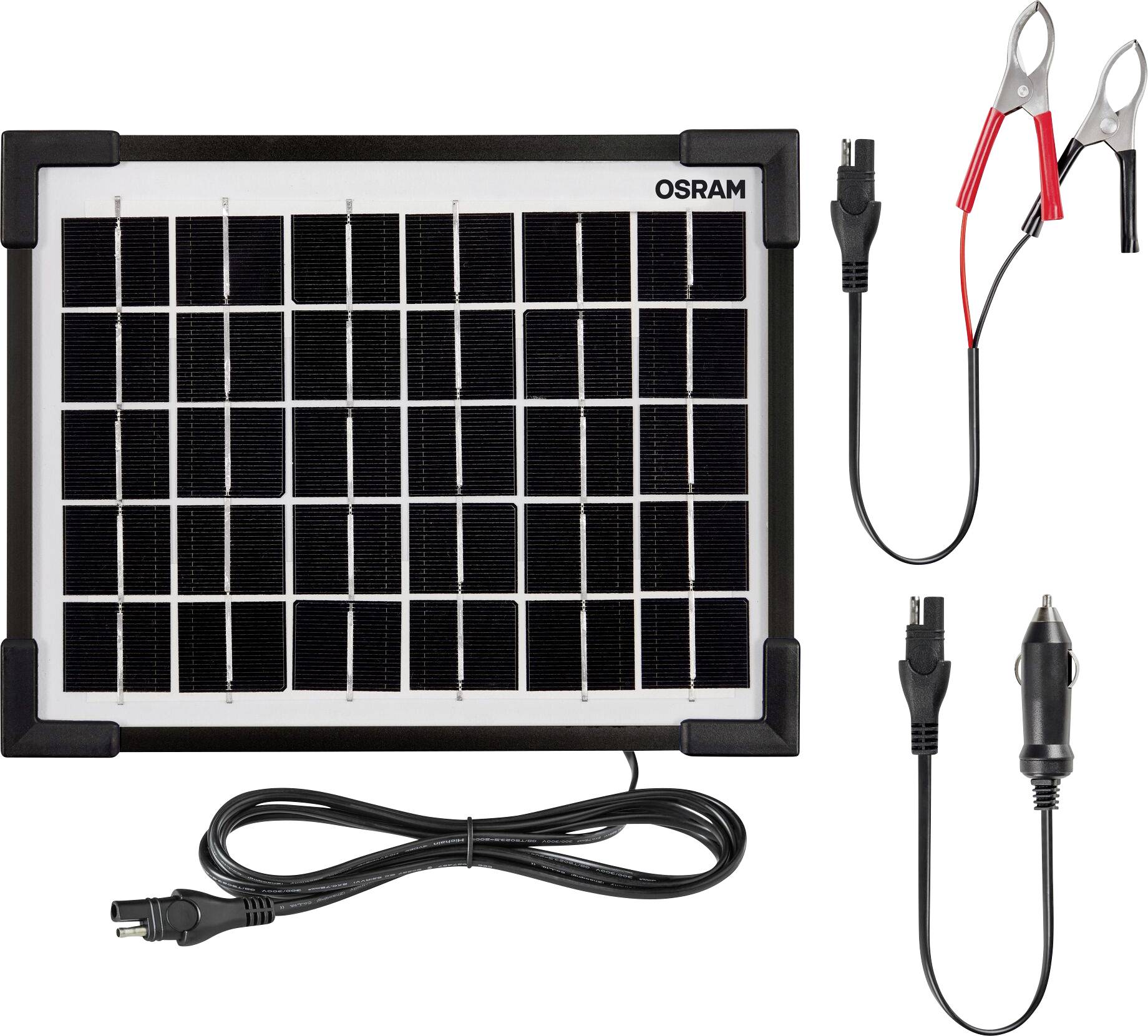 Solar charger with rectangular solar panel, connectors and terminals, suitable for charging batteries or devices.