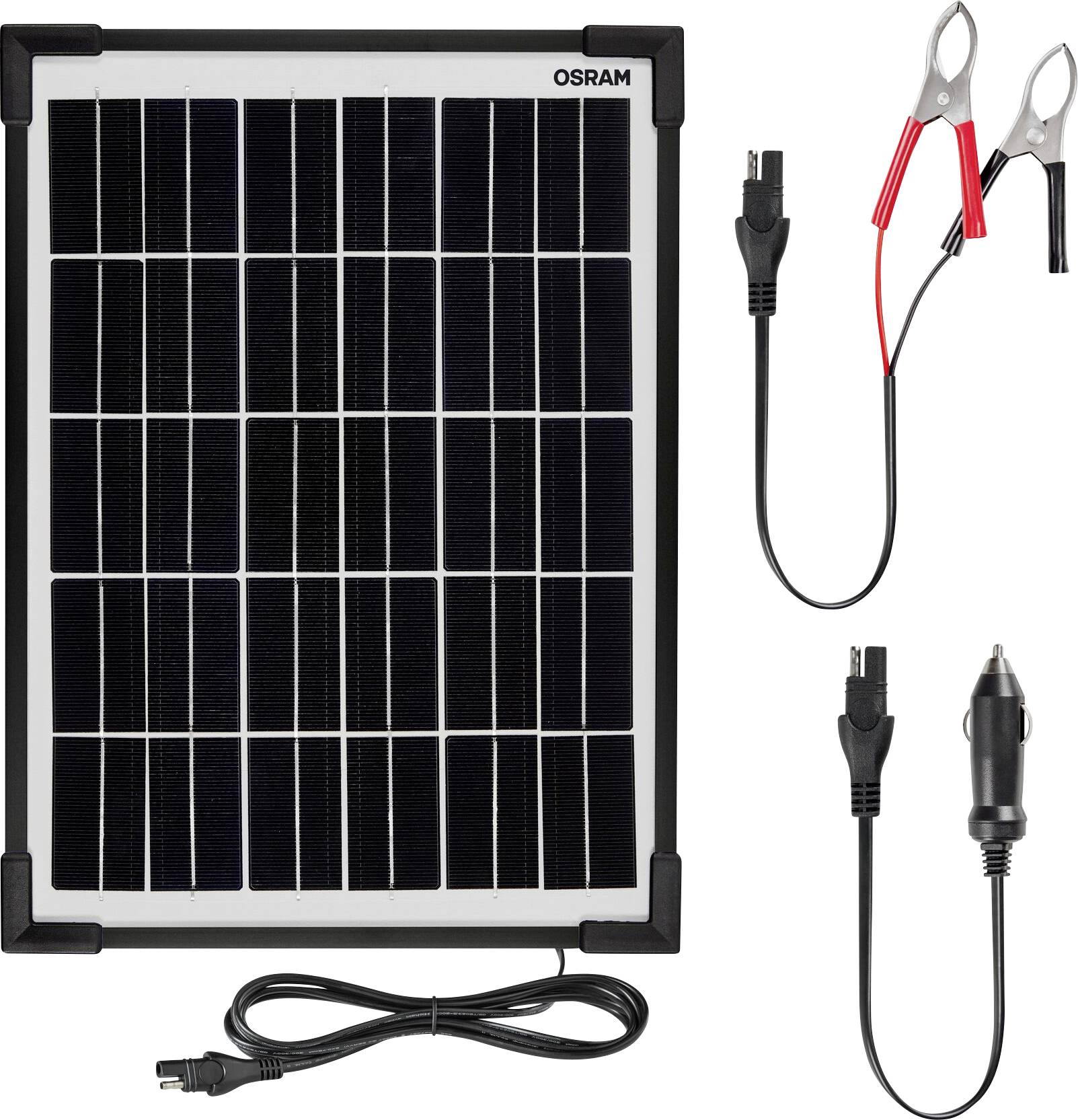 A solar panel with cables and clips from Osram for power supply and battery charging.
