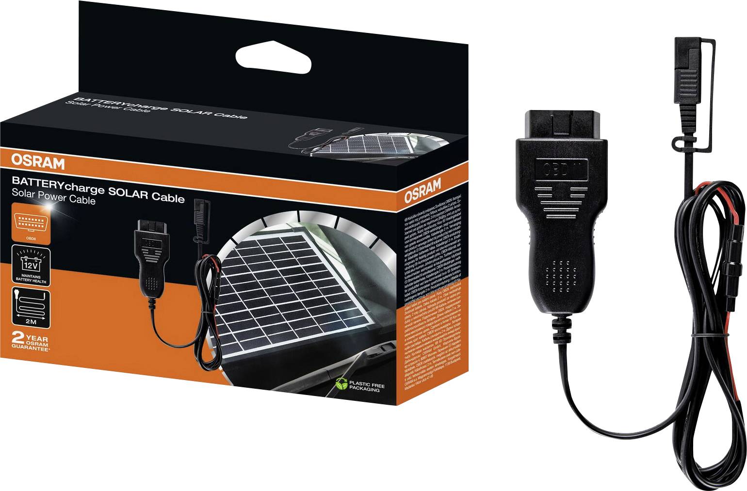 OSRAM Solar Charging Battery Cable Set. Solar panel depicted on packaging. Suitable for vehicle batteries.
