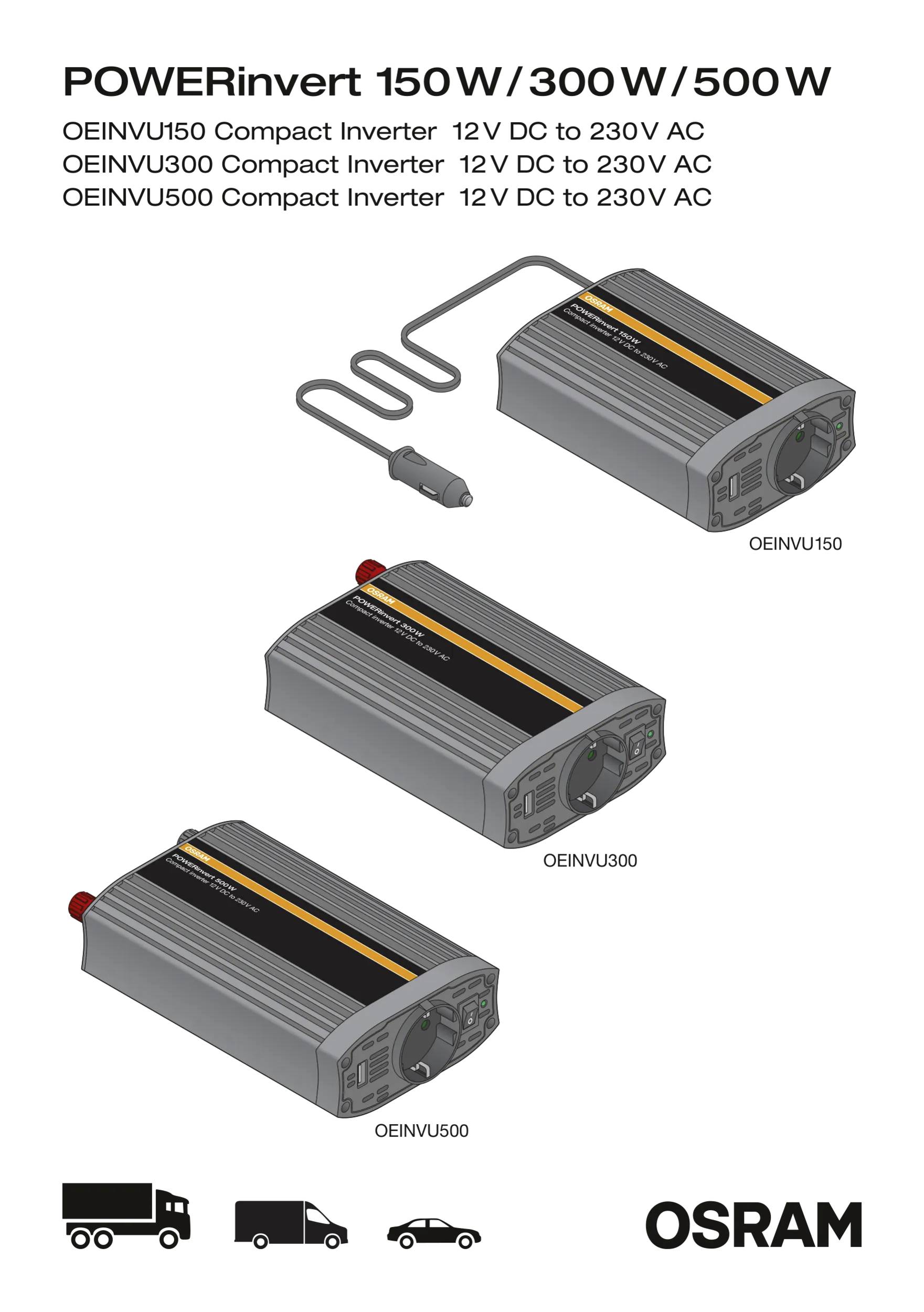 Three OSRAM POWERinvert models: OEINVU150, OEINVU300, OEINVU500. All convert 12V DC to 230V AC. 150W, 300W, 500W respectively.