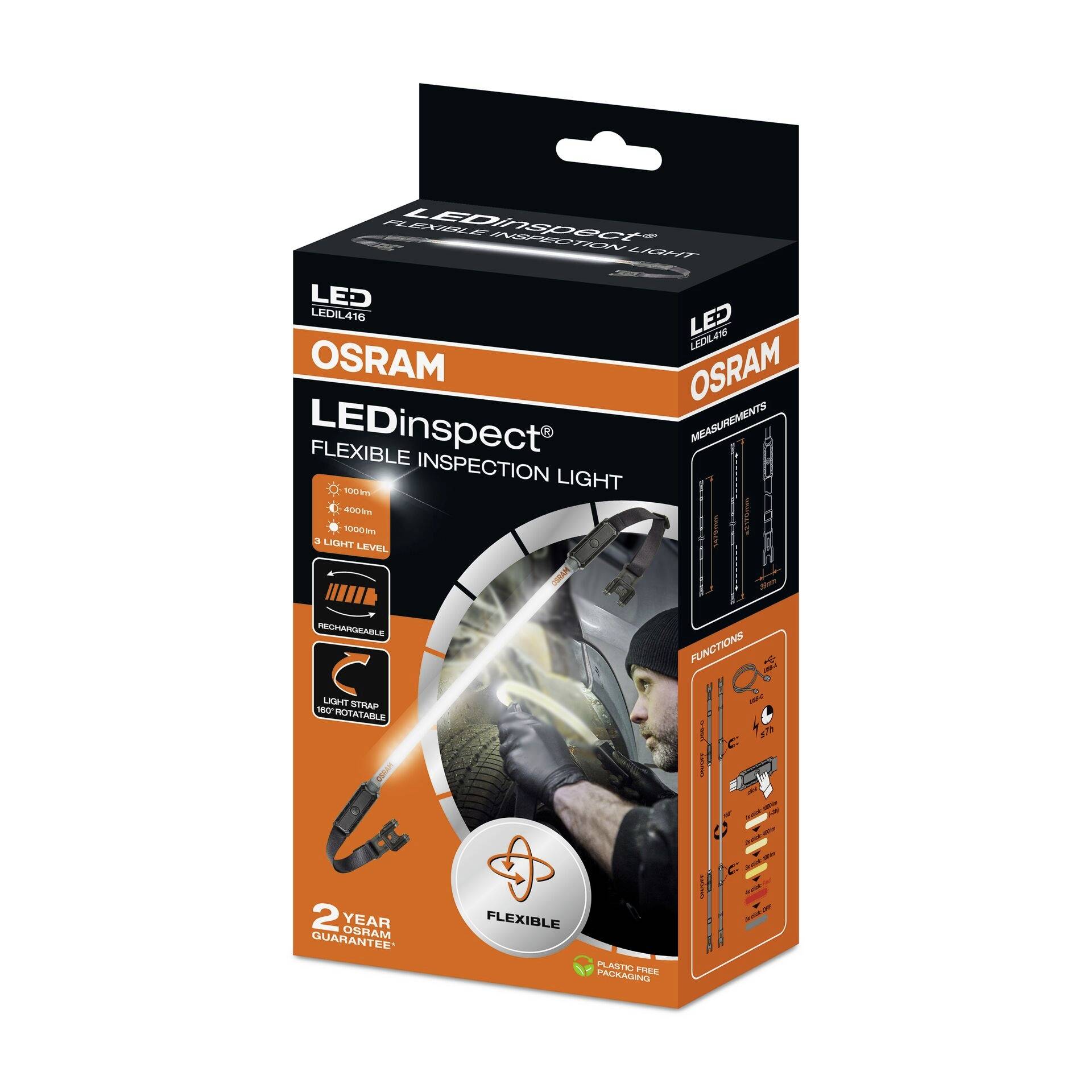LED Work Lamp in packaging named 'OSRAM LEDinspect FLEXIBLE INSPECTION LIGHT'. Product image shows usage in a car.