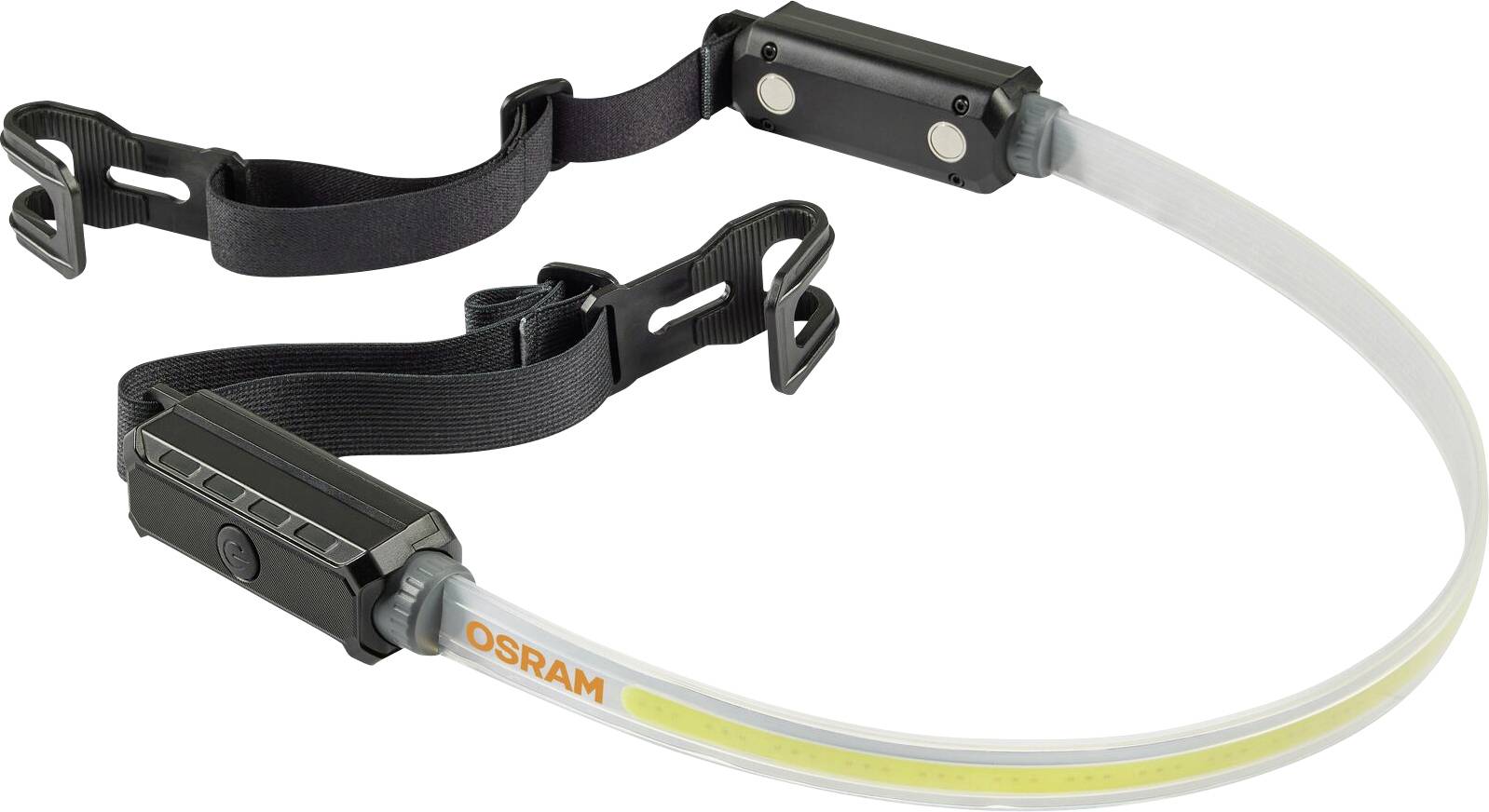 Headlamp with flexible, transparent light strip and black headband, branded 'OSRAM', suitable for hands-free illumination.