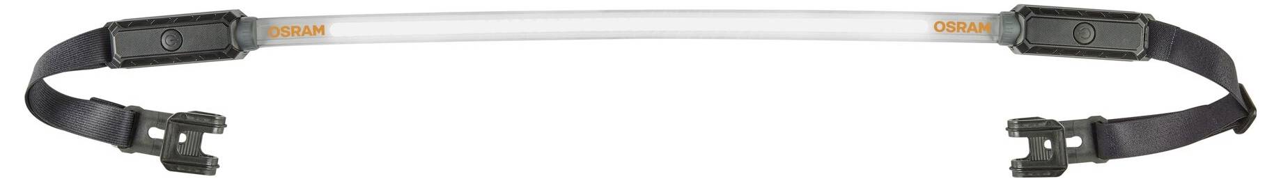 A white, curved LED strip with black mounting elements at both ends.