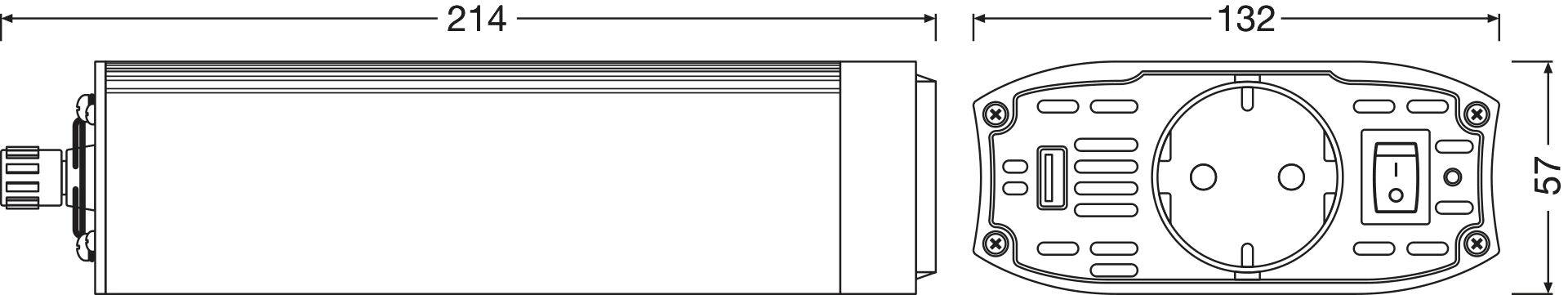 Technical drawing of a cylindrical device with dimensions 214 mm x 132 mm x 57 mm, showing detailed view on the left side.