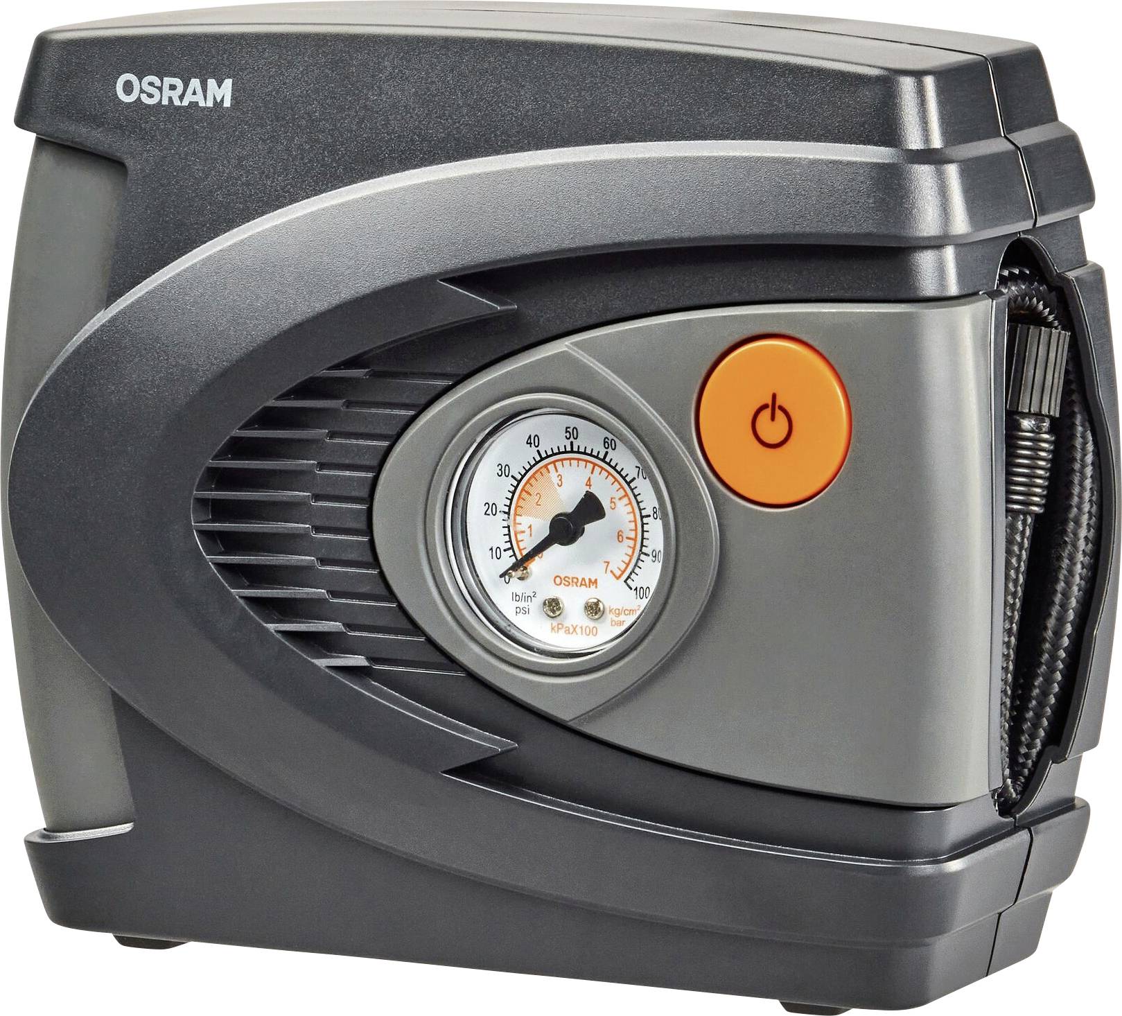 Electric tyre compressor in black and grey with pressure gauge and orange power button, suitable for car and bicycle tyres.