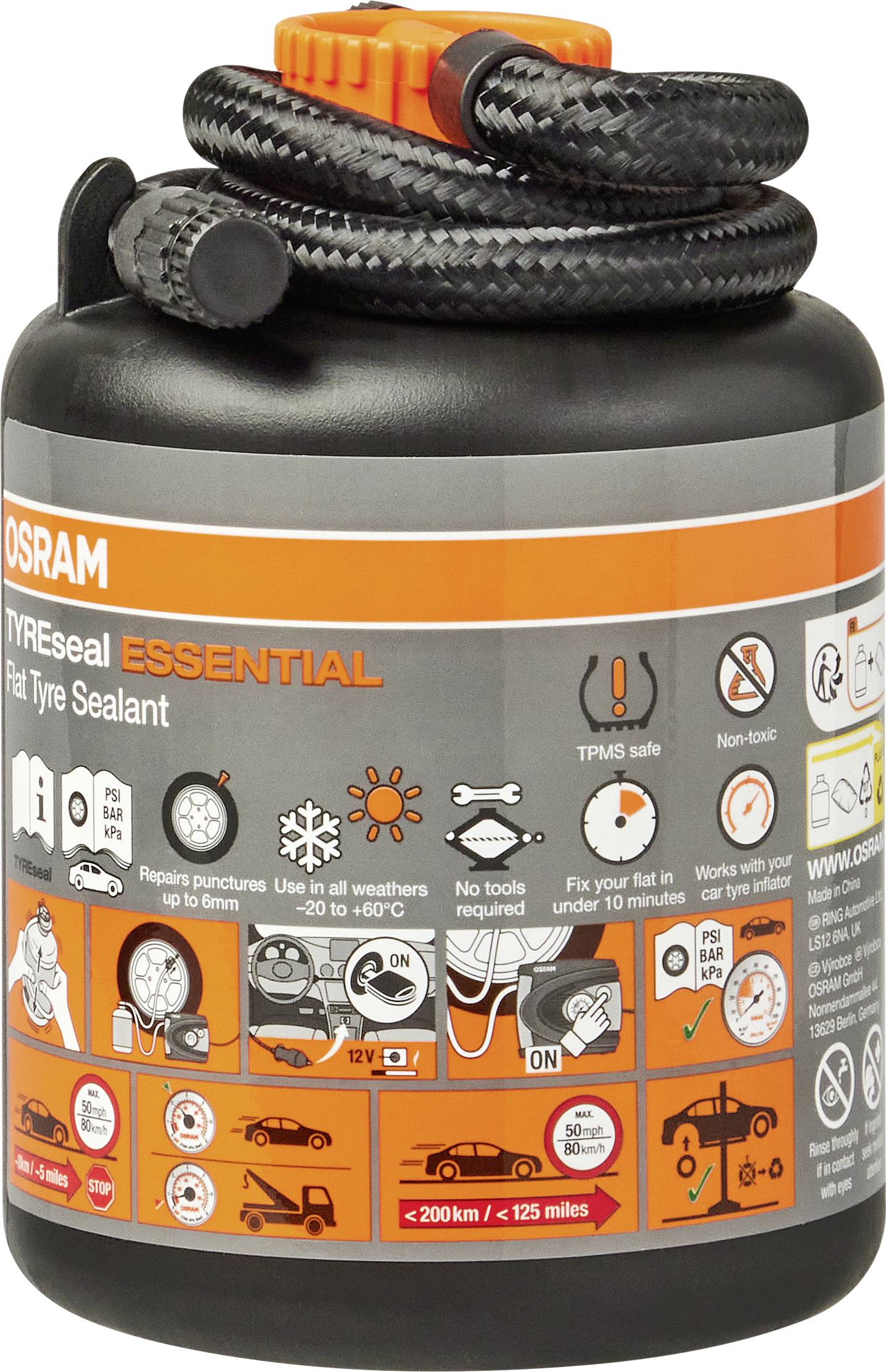 Osram tyre sealant in a black bottle with an orange label, tube attached. Instructions and symbols on the front.