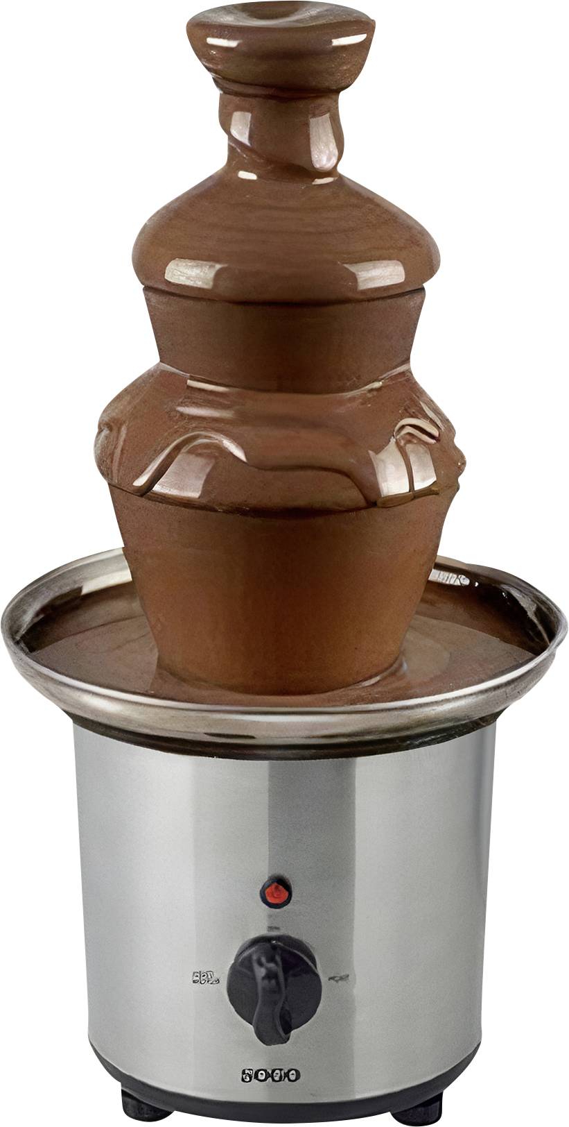 Chocolate fountain with flowing chocolate on a stainless steel base, suitable for dessert and party presentations.