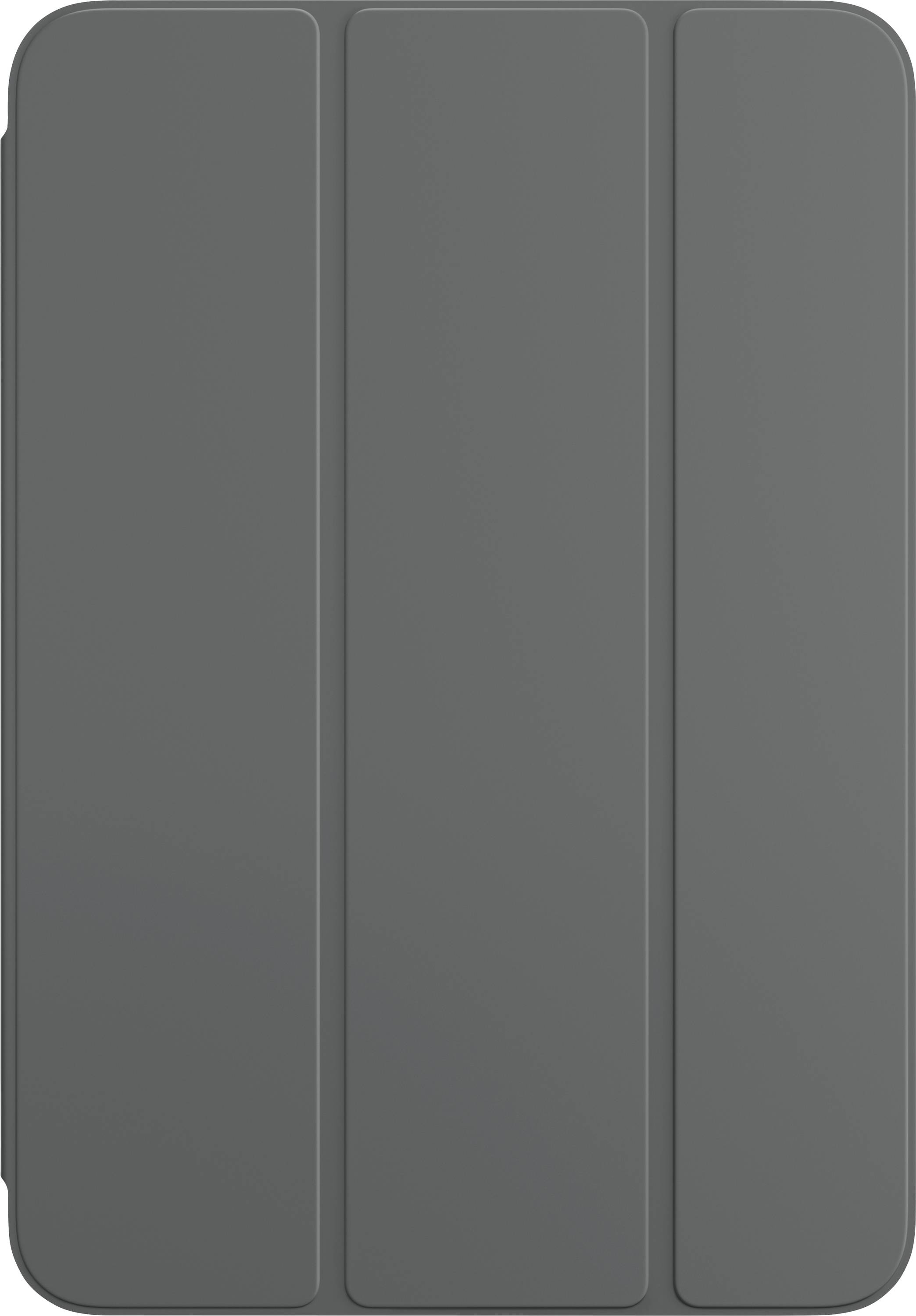 A grey tablet case with a three-part design, closed.