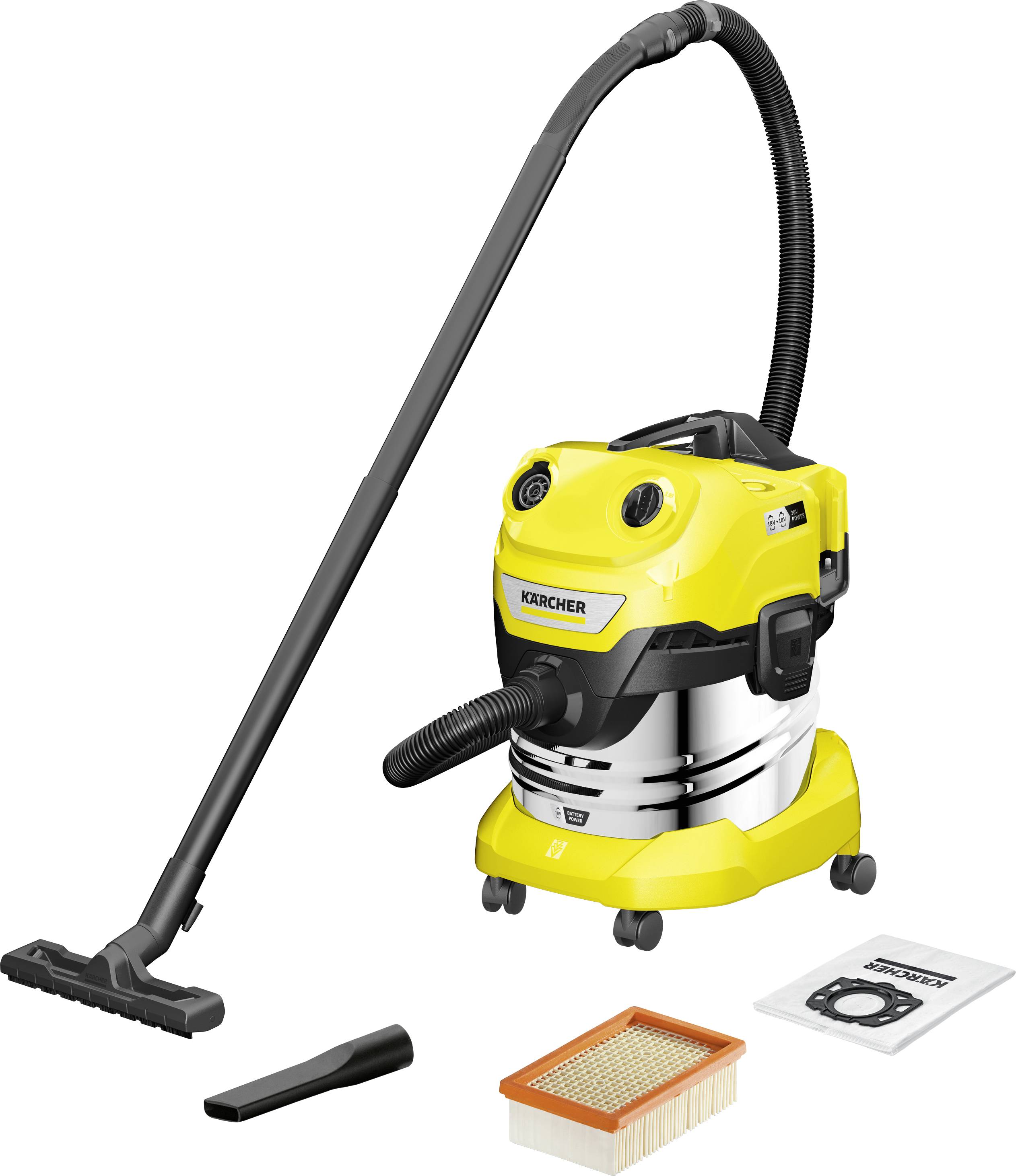 A yellow wet/dry vacuum cleaner with a floor nozzle, crevice tool, filter, and dust bag. Suitable for robust cleaning tasks.