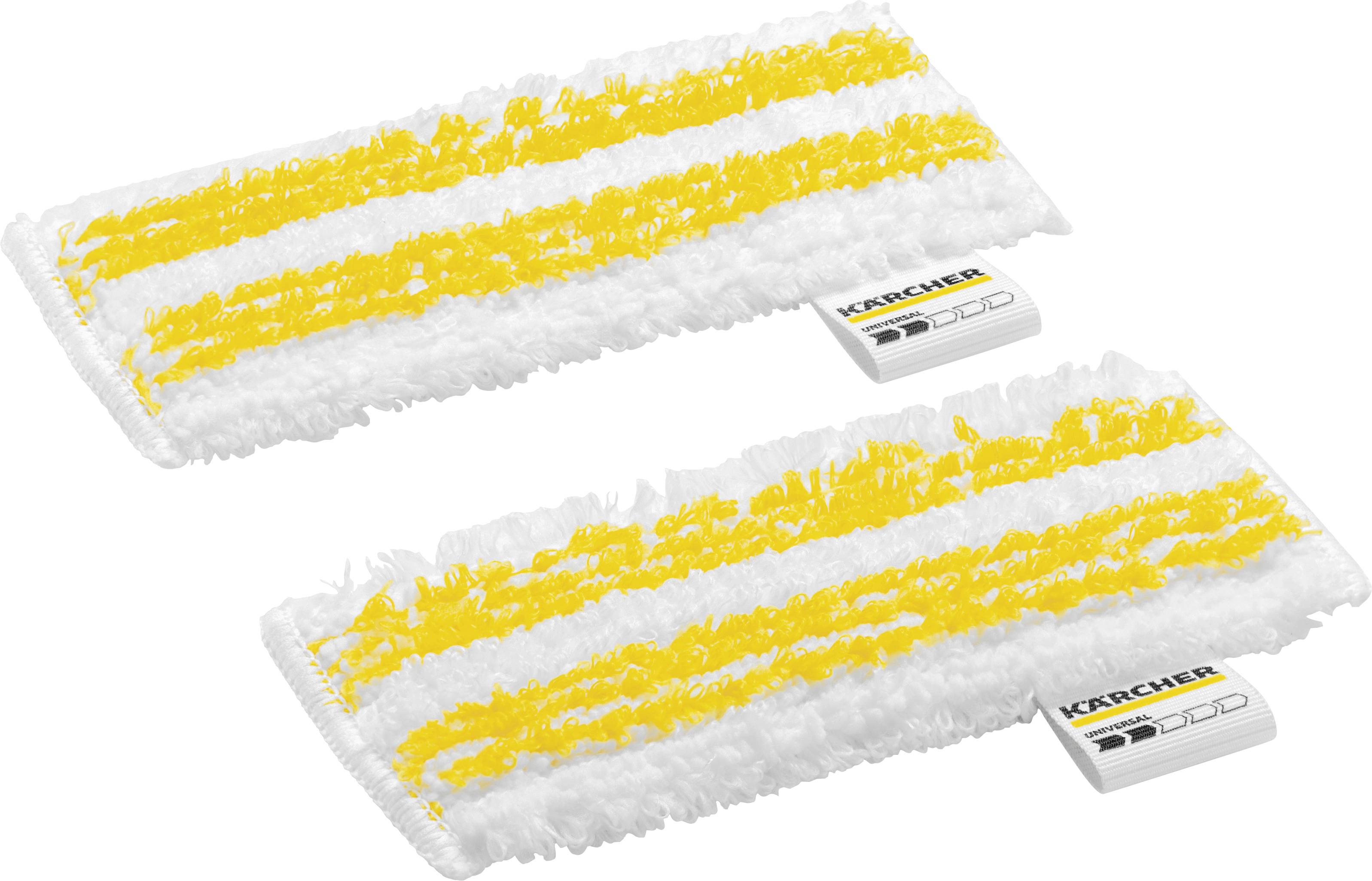 Two white cleaning pads with yellow stripes and the 'Kärcher' logo on the side, suitable for use with a steam cleaner.