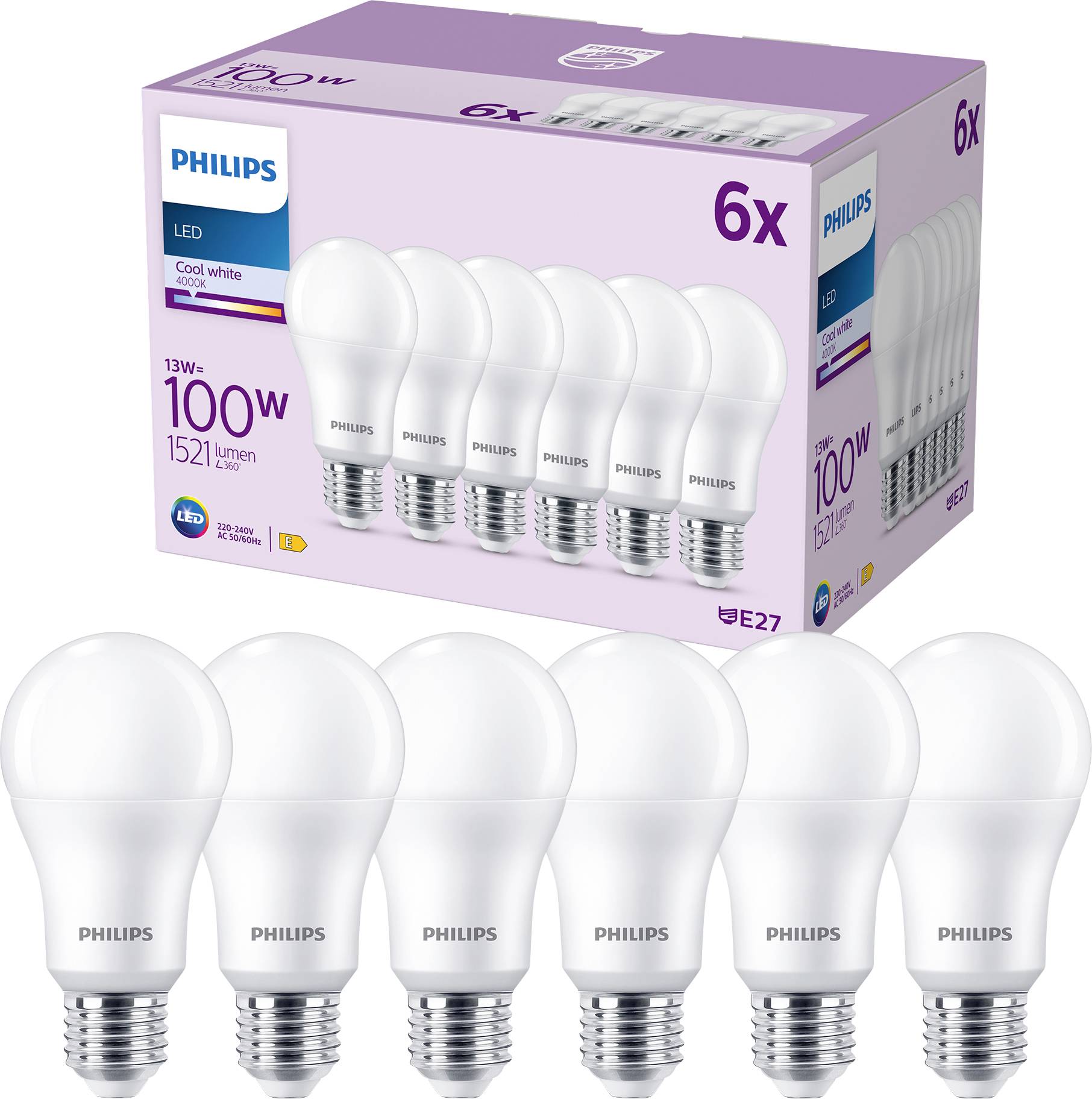 Six Philips LED light bulbs, 13W equivalent to 100W, cool white, 1521 lumens, E27 fitting. Packaging displays product details.