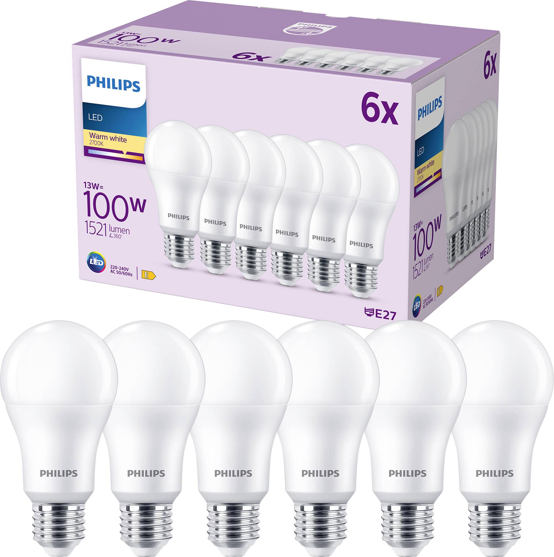 Six LED light bulbs lined up, next to a package with the label '13W = 100W, 1521 lumens, warm white, E27'.