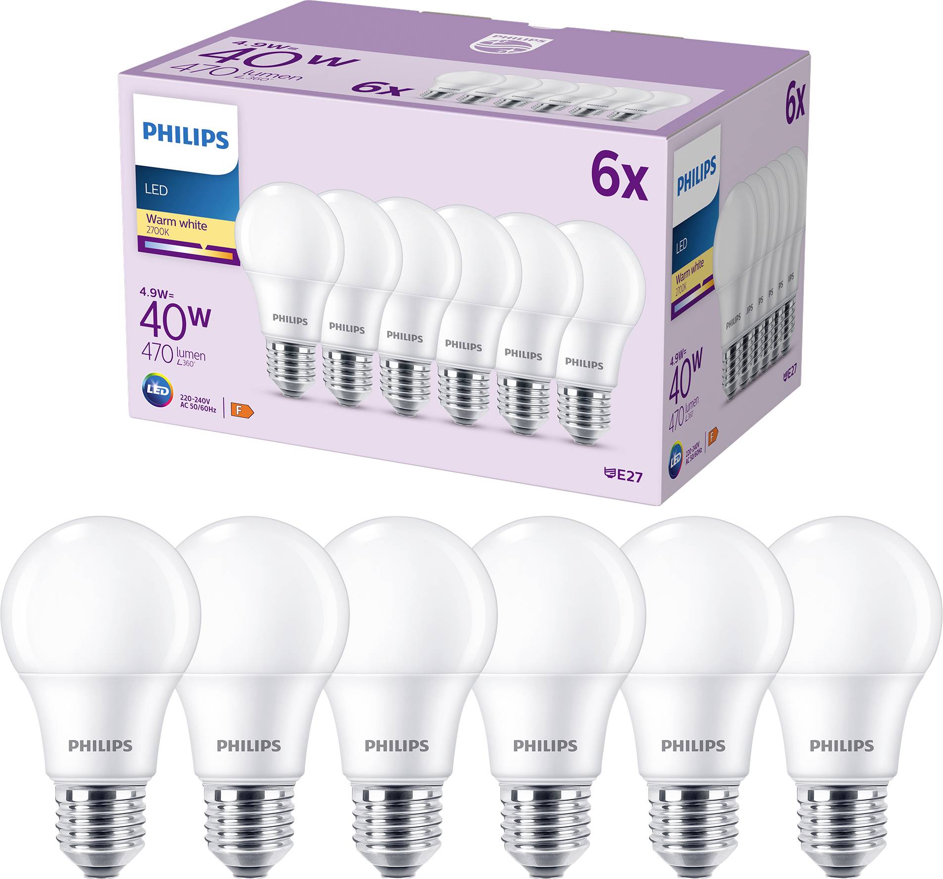 Six Philips LED light bulbs in a pack, 4.9W equivalent to 40W, 470 lumens, warm white, E27 screw cap, energy-saving.