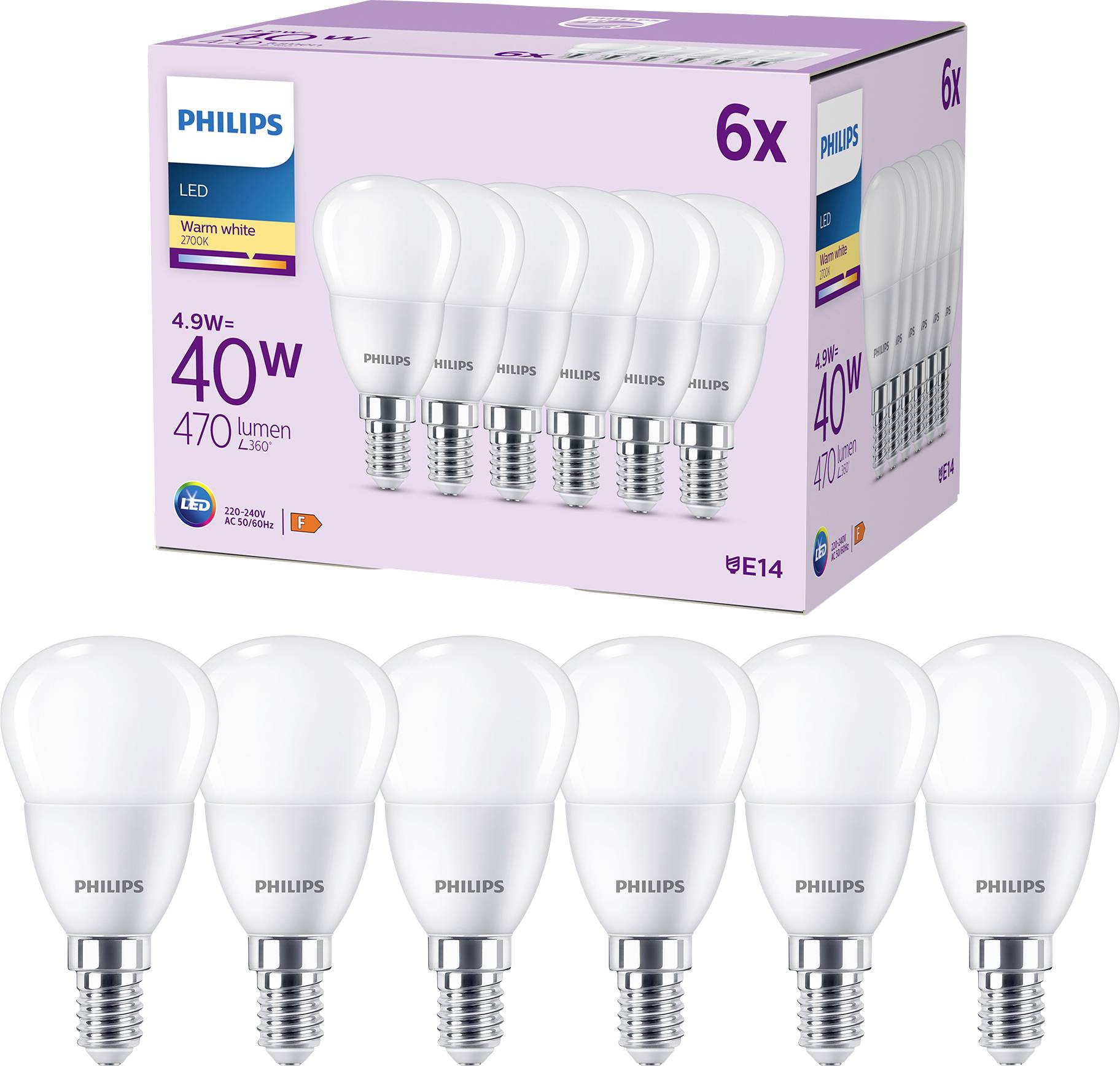 Six Philips LED light bulbs, 40 W, E14 fitting, warm white, 470 lumens. Packaging at the back shows the same details and number of bulbs.