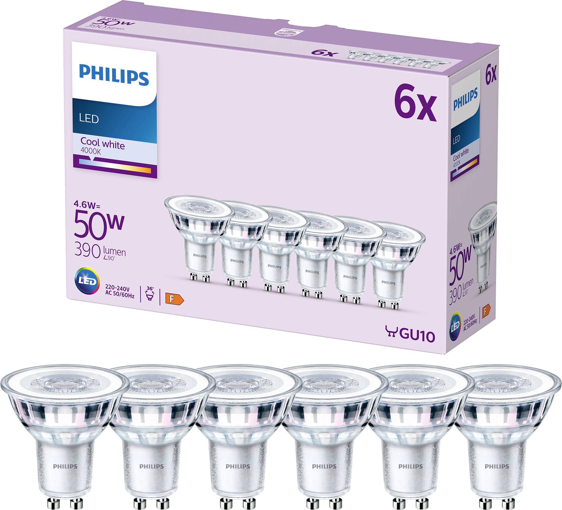 Six Philips LED GU10 Light Bulbs, 50W, 390 Lumens, 4000K, warm white. Packaging and bulbs laid side by side shown.