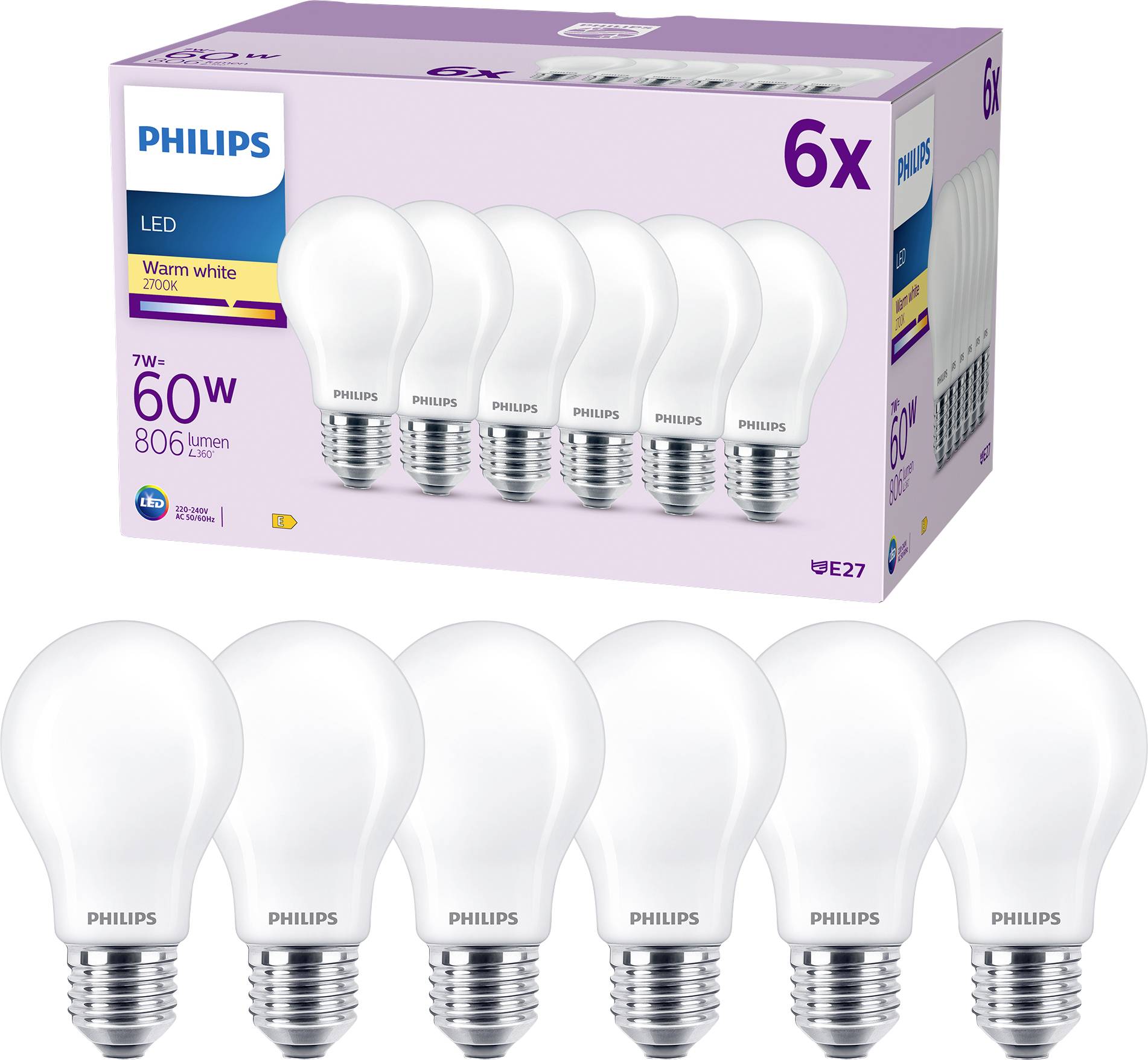 Six Philips LED light bulbs with E27 screw cap, 60W equivalent, warm white, 806 lumens. Packaging in the background shows product details.