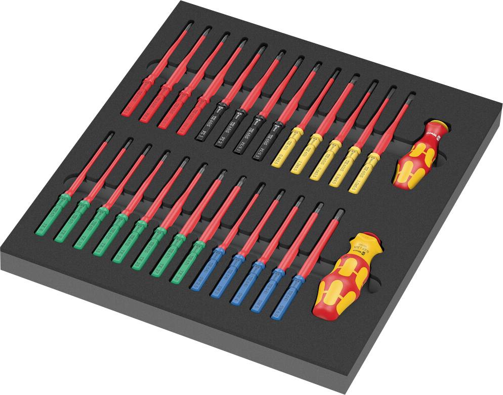 'Set of isolated screwdrivers and bit holders in various colours on foam insert.'Note: I've used British English spelling ('colours') and maintained the technical precision of the original German description.