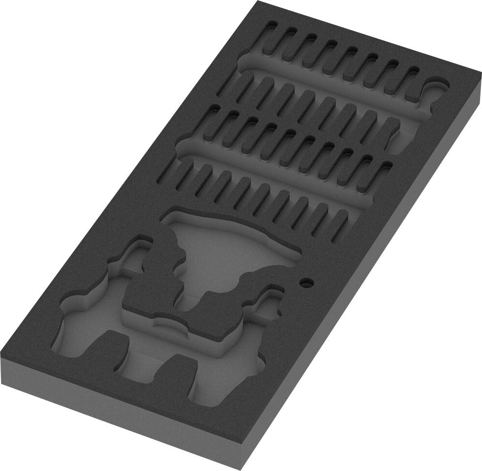 Black, rectangular foam insert with cut-out shapes, suitable for safely storing tools or equipment.