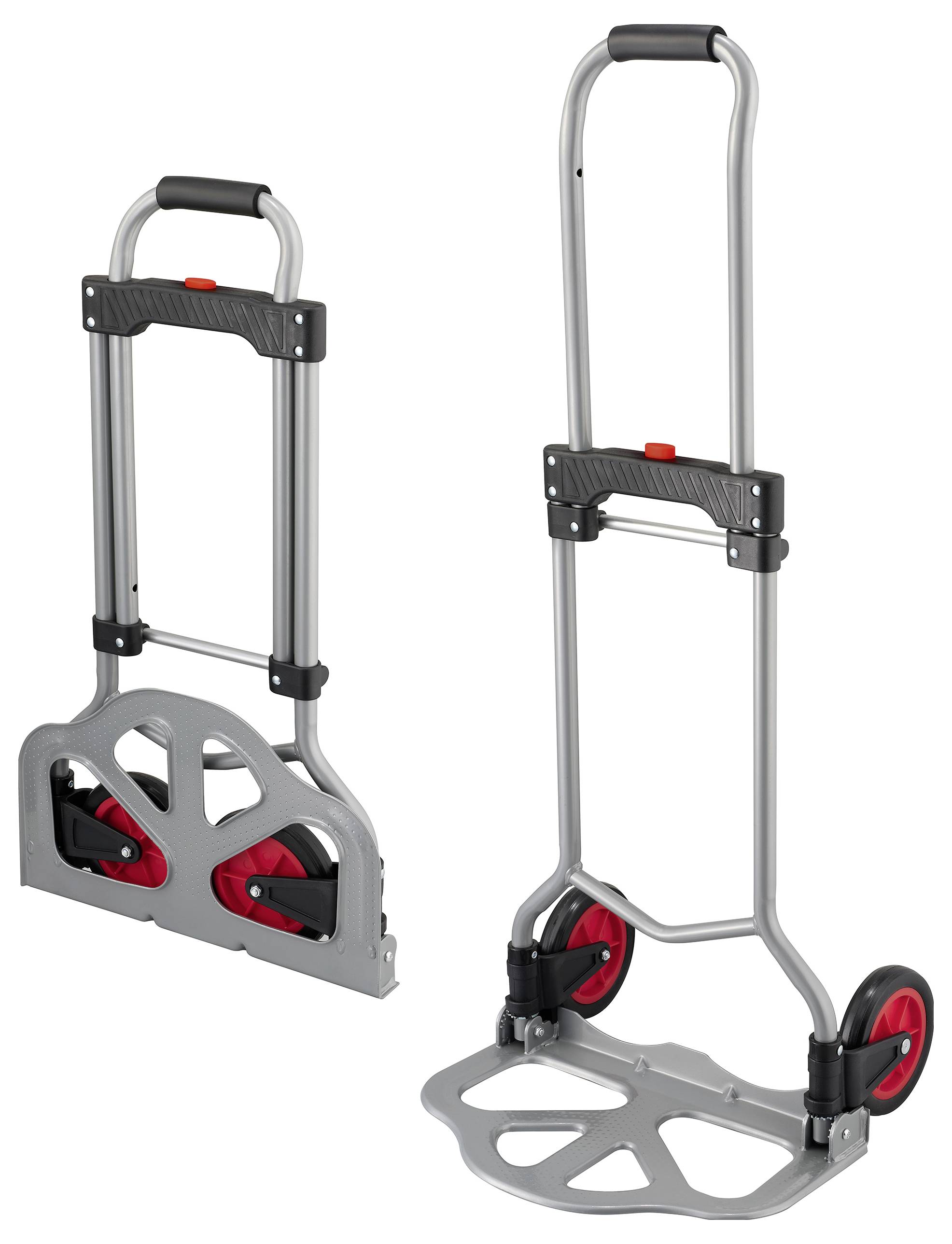 A collapsible hand truck in two views: left folded, right unfolded. Silver metal with red wheels.